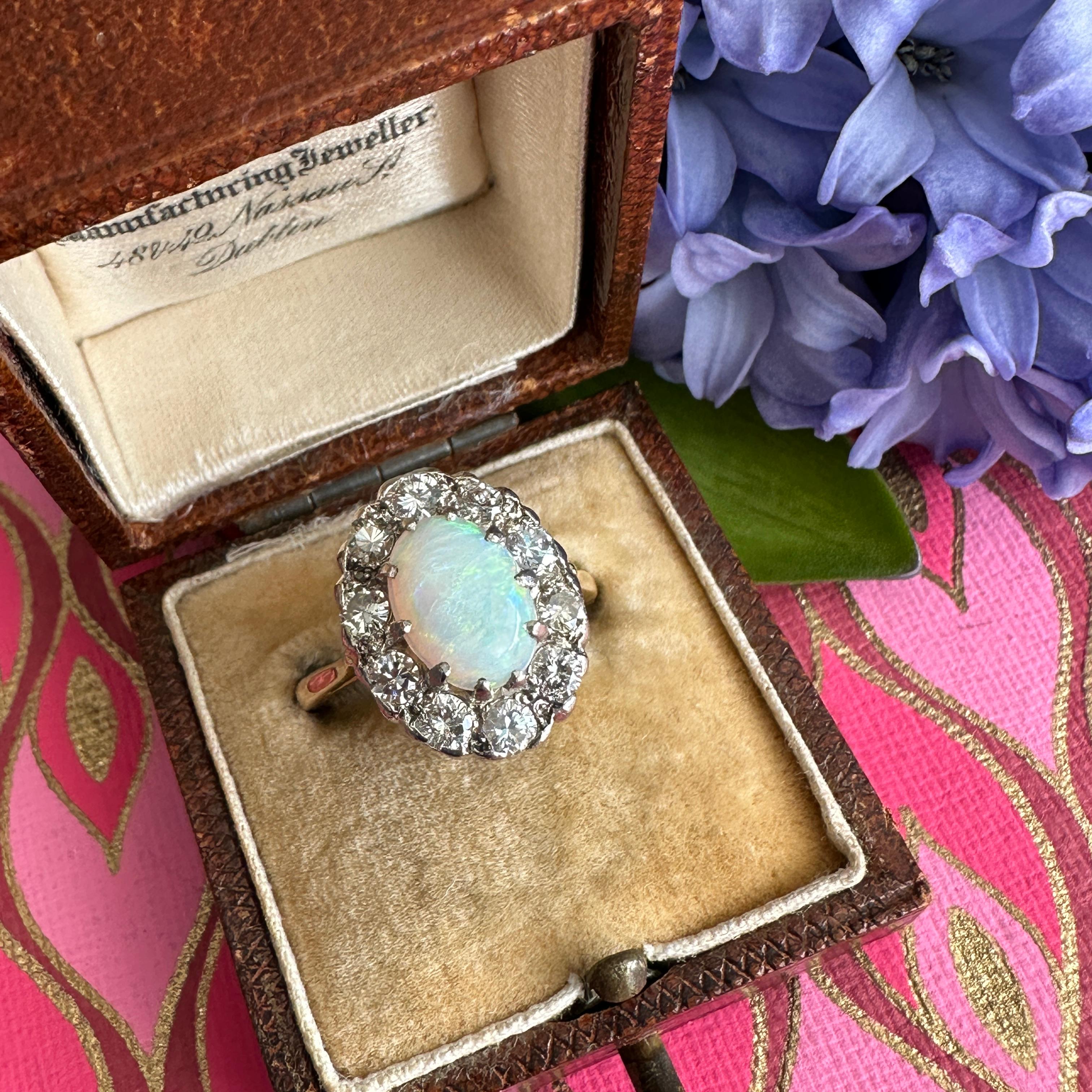 Vintage 1930's Opal Diamond Halo 18K Ring For Sale 5
