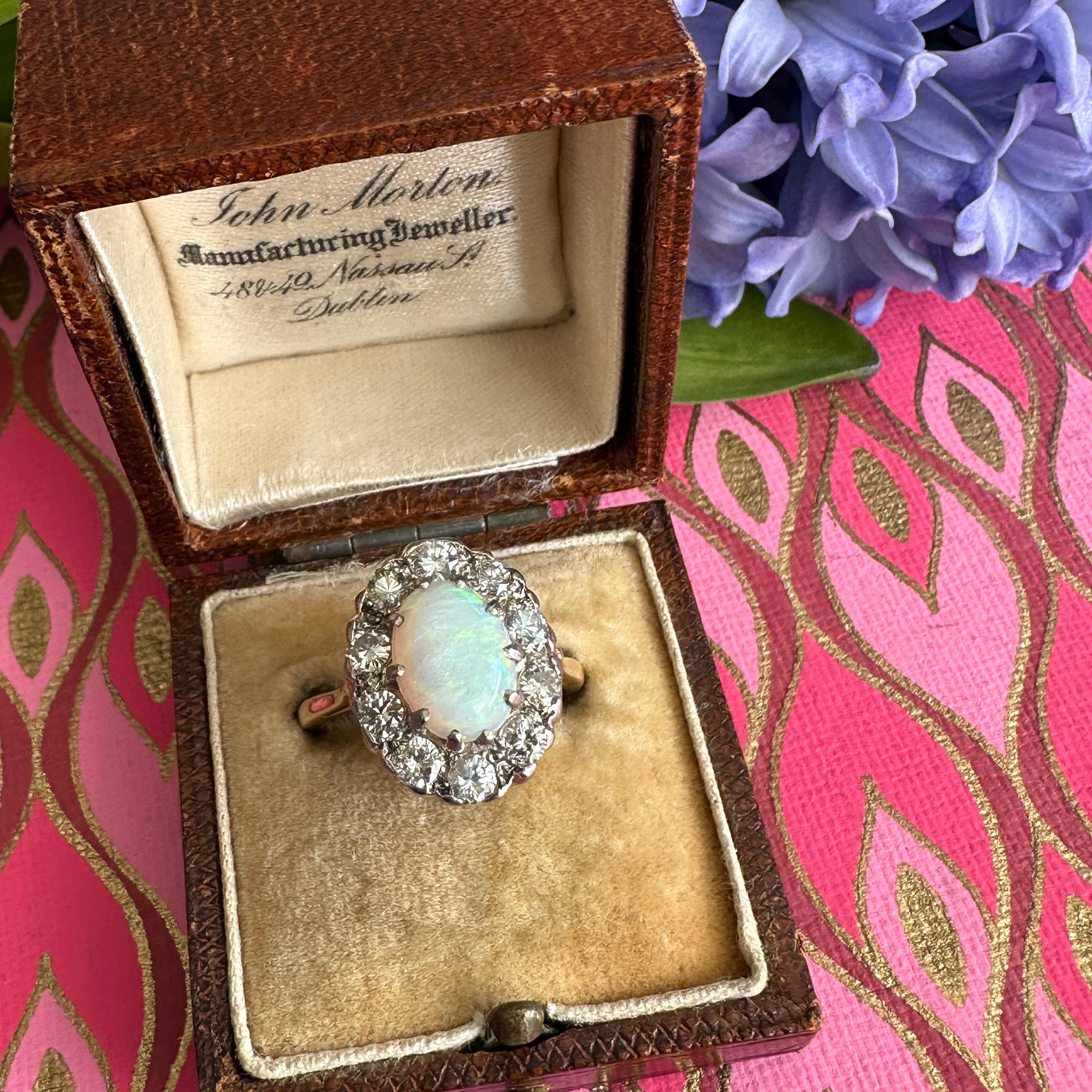 Vintage 1930's Opal Diamond Halo 18K Ring For Sale 6