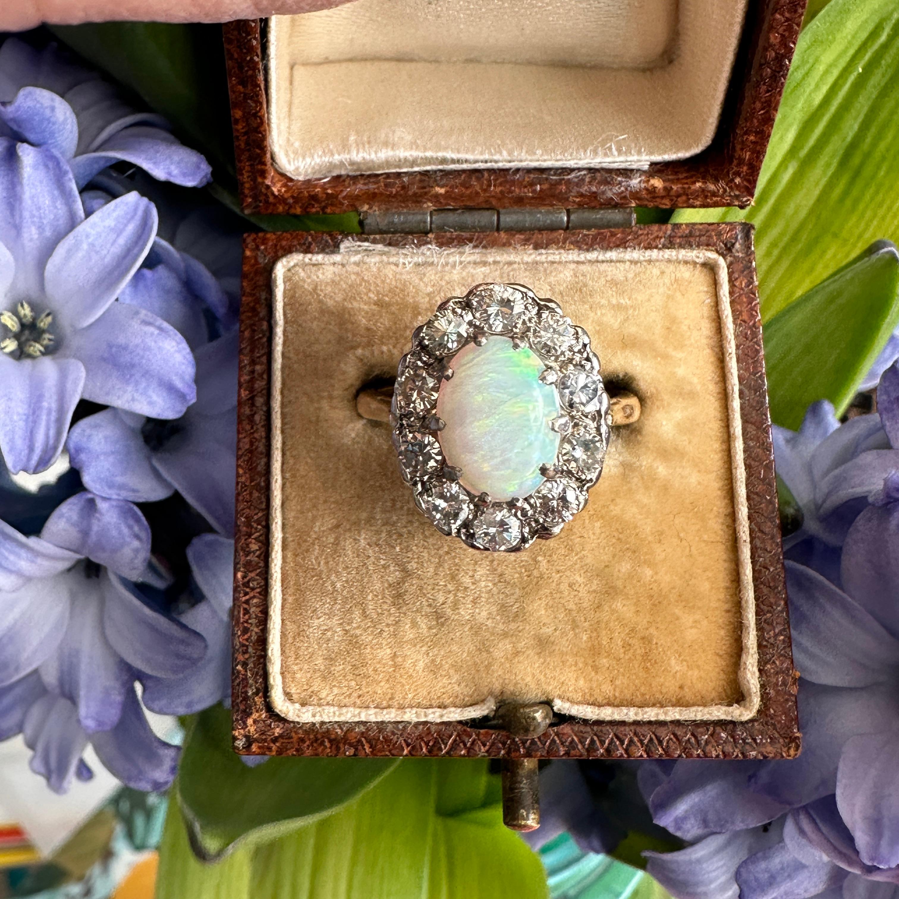 Vintage 1930's Opal Diamond Halo 18K Ring For Sale 8