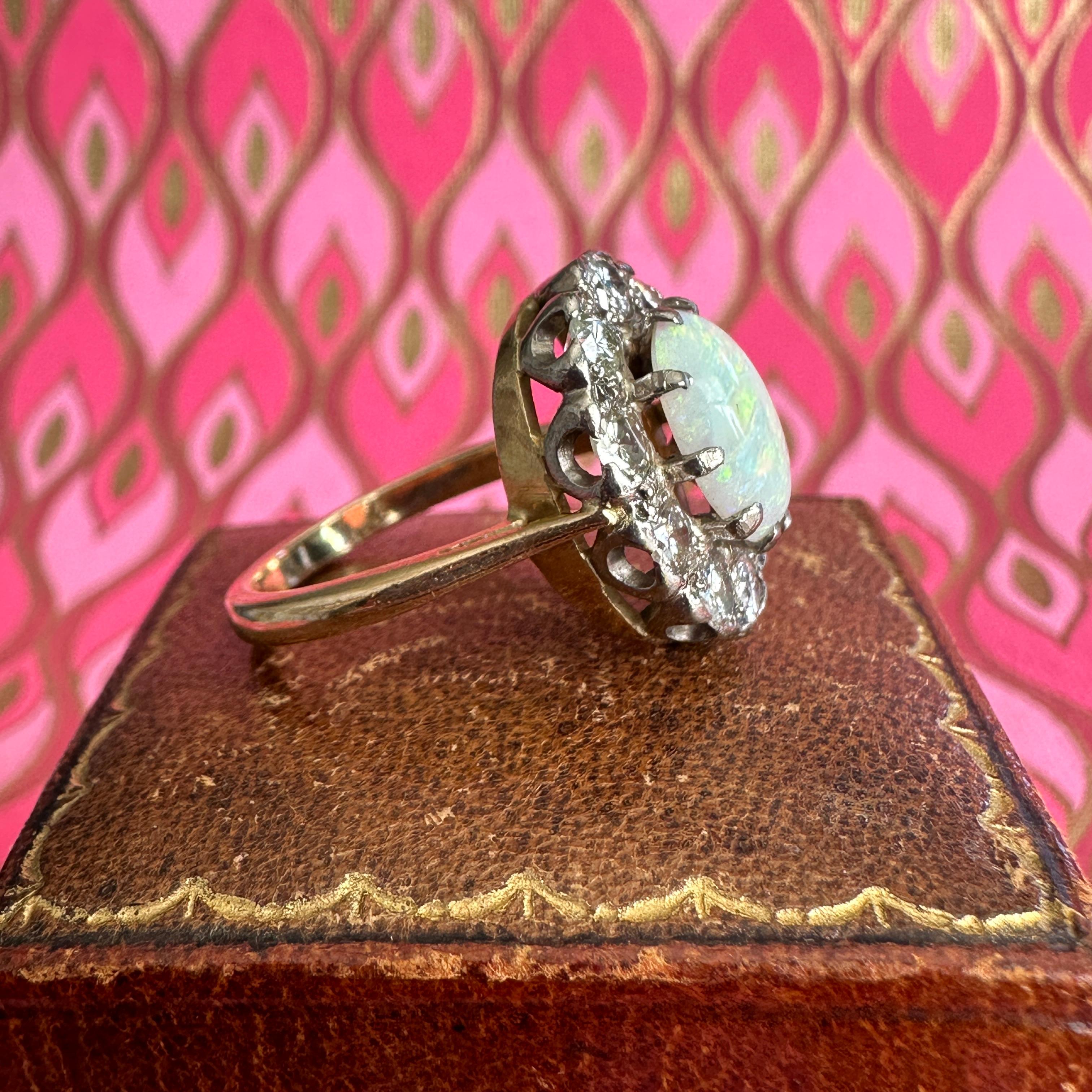 Vintage 1930's Opal Diamond Halo 18K Ring For Sale 9