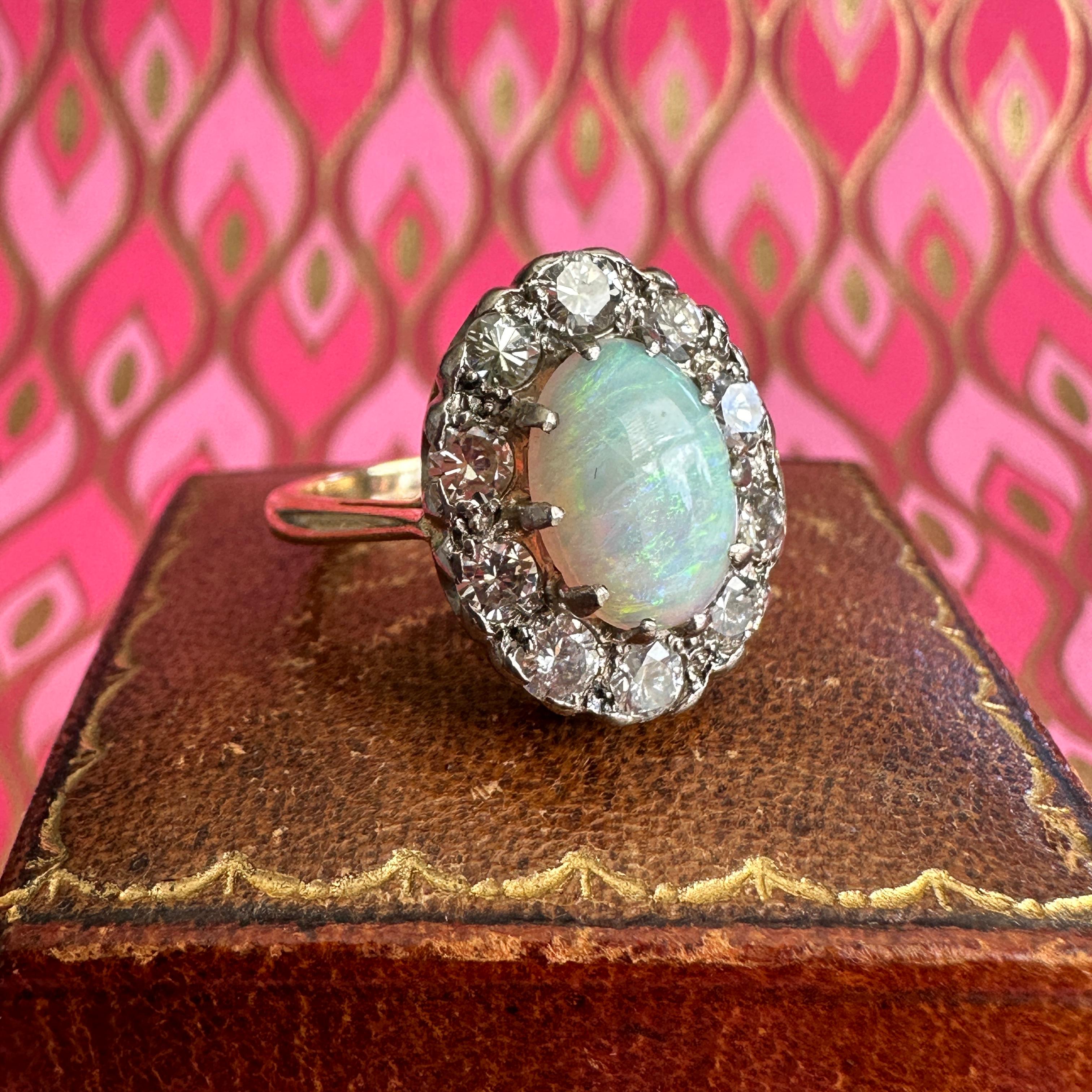 Vintage 1930's Opal Diamond Halo 18K Ring For Sale 10