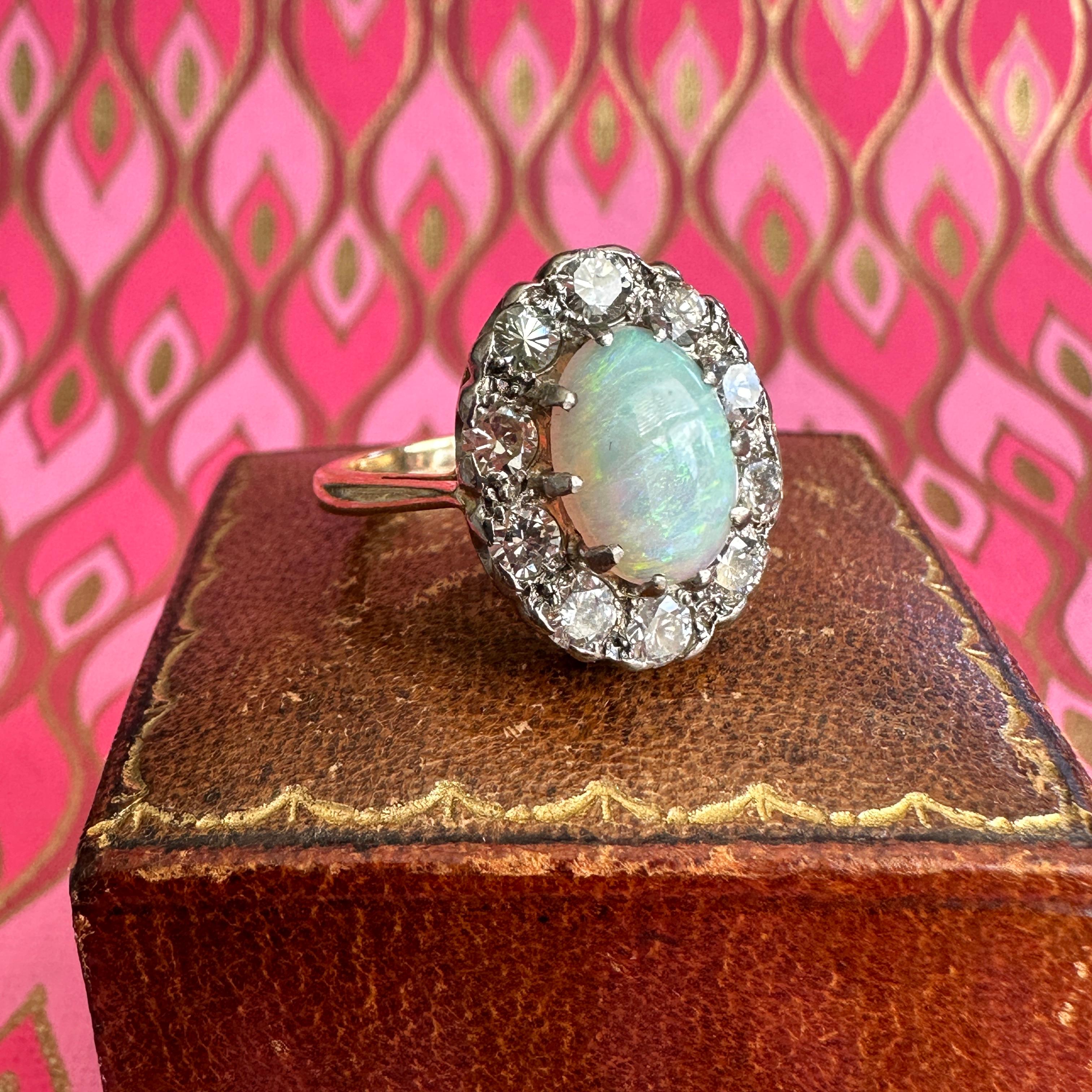 Vintage 1930's Opal Diamond Halo 18K Ring For Sale 11