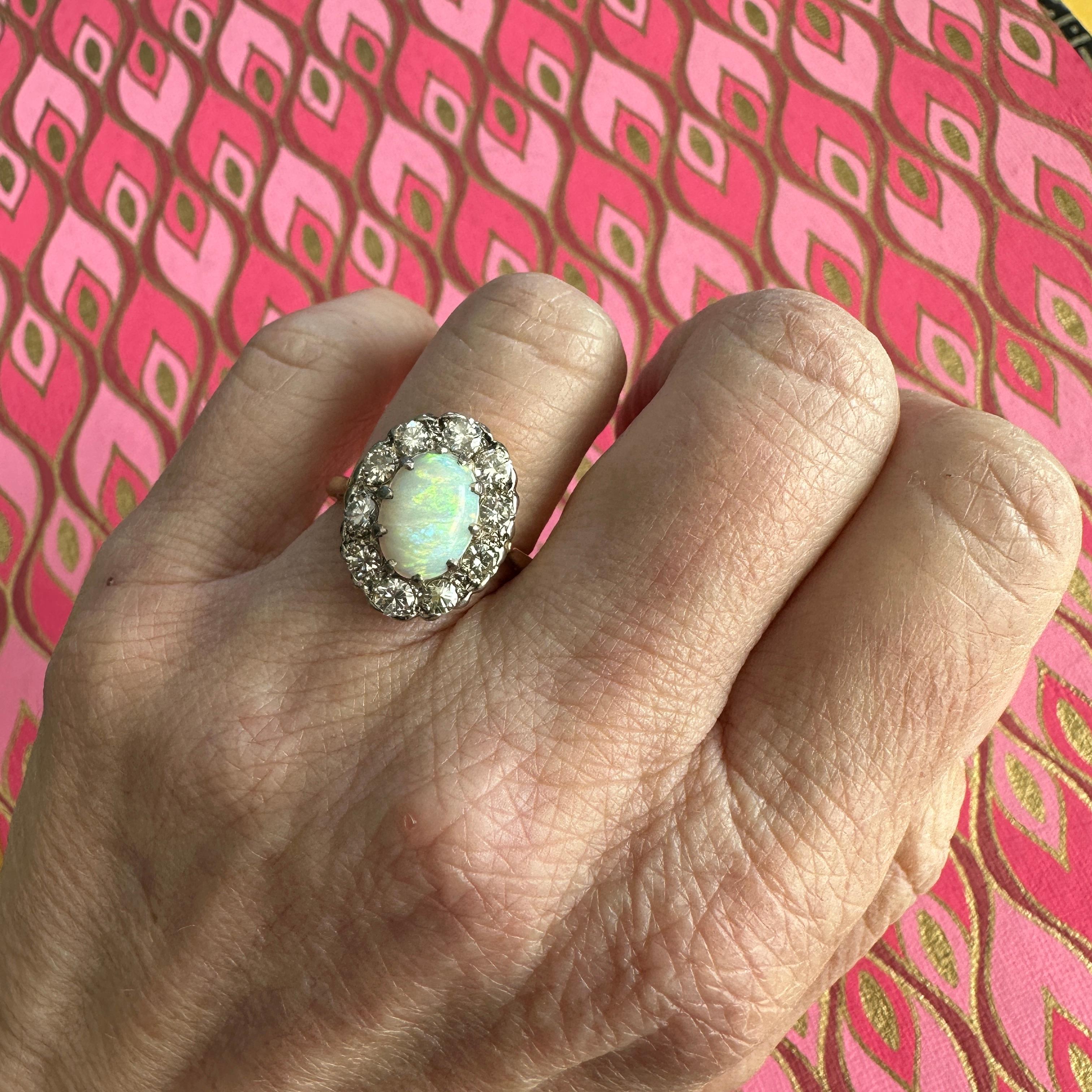 Art Deco Vintage 1930's Opal Diamond Halo 18K Ring For Sale