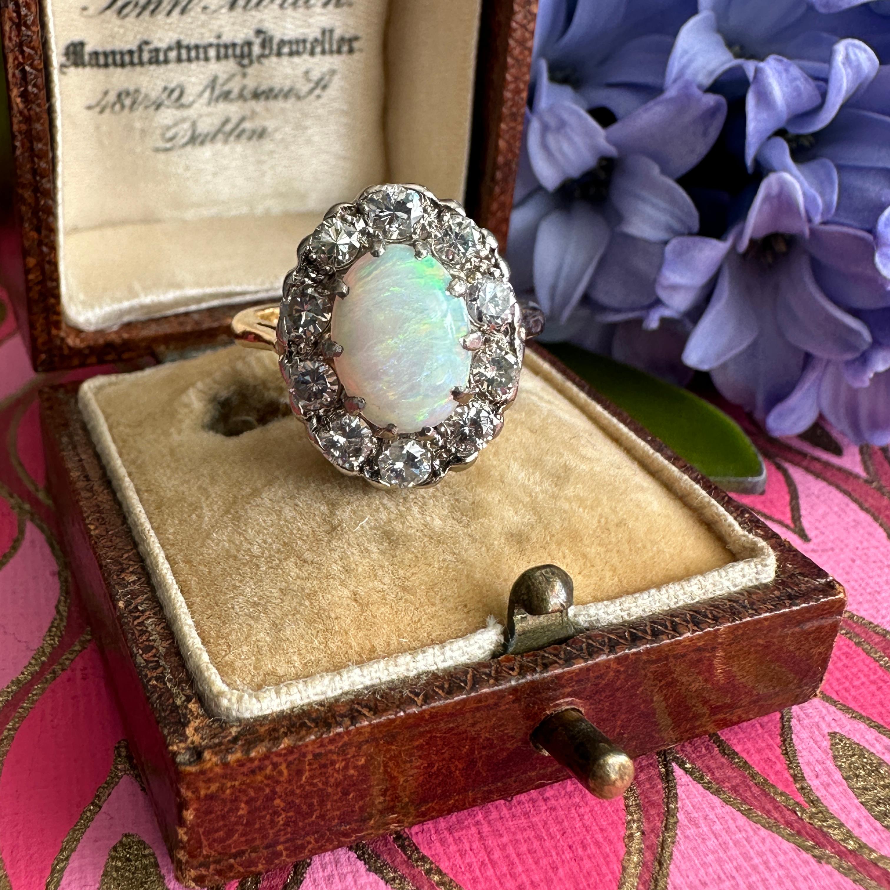 Cabochon Vintage 1930's Opal Diamond Halo 18K Ring For Sale