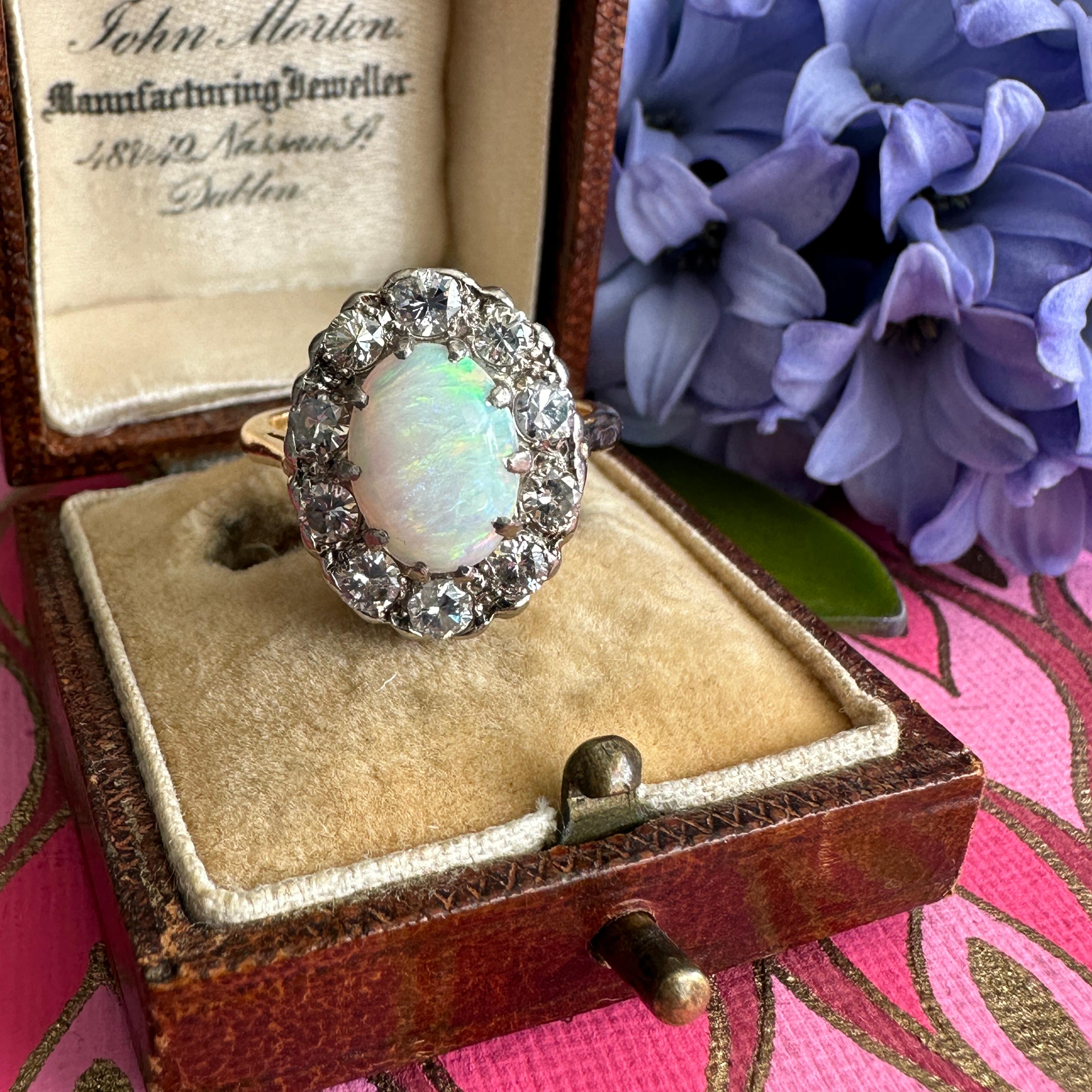 Vintage 1930's Opal Diamond Halo 18K Ring In Good Condition For Sale In Scotts Valley, CA