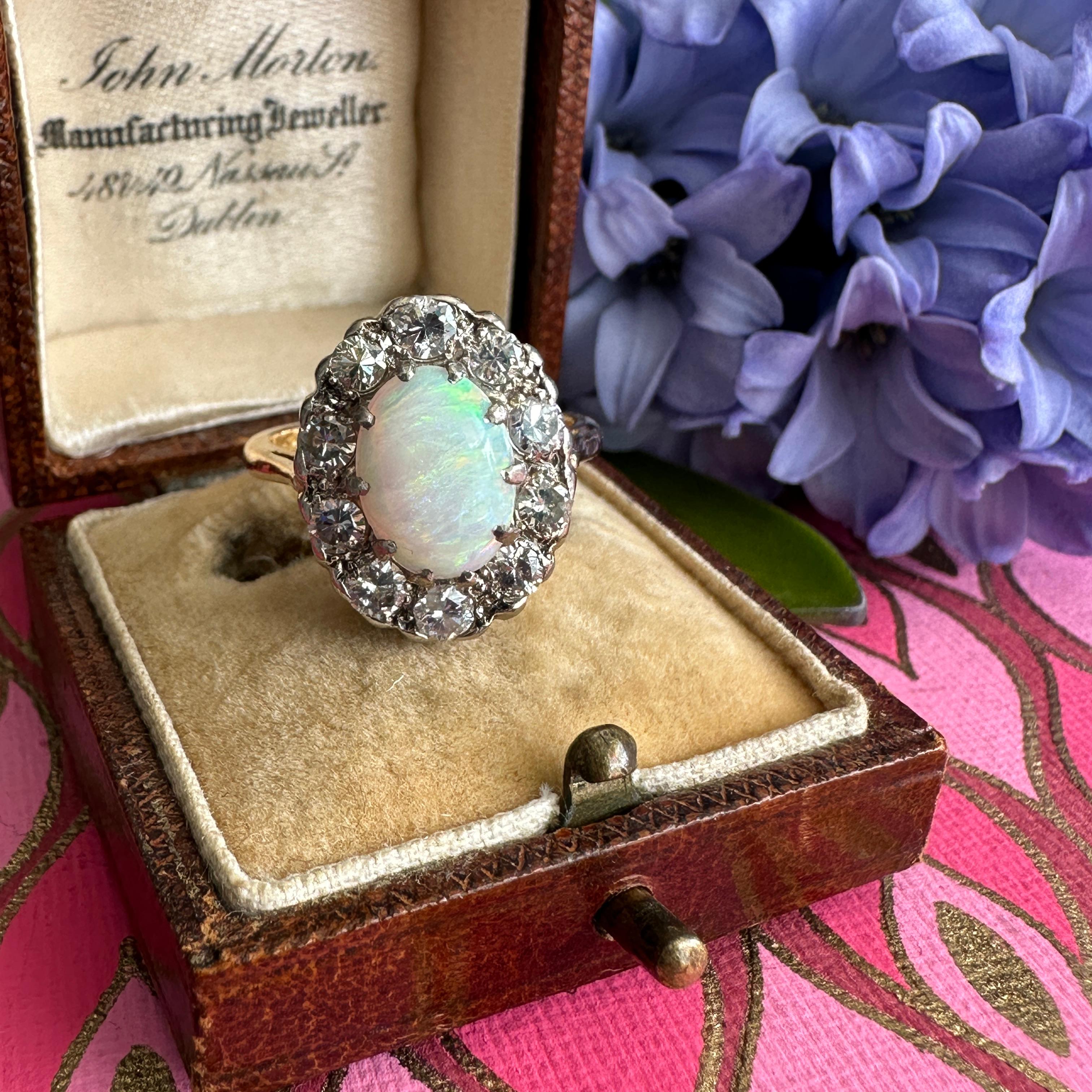 Women's Vintage 1930's Opal Diamond Halo 18K Ring For Sale