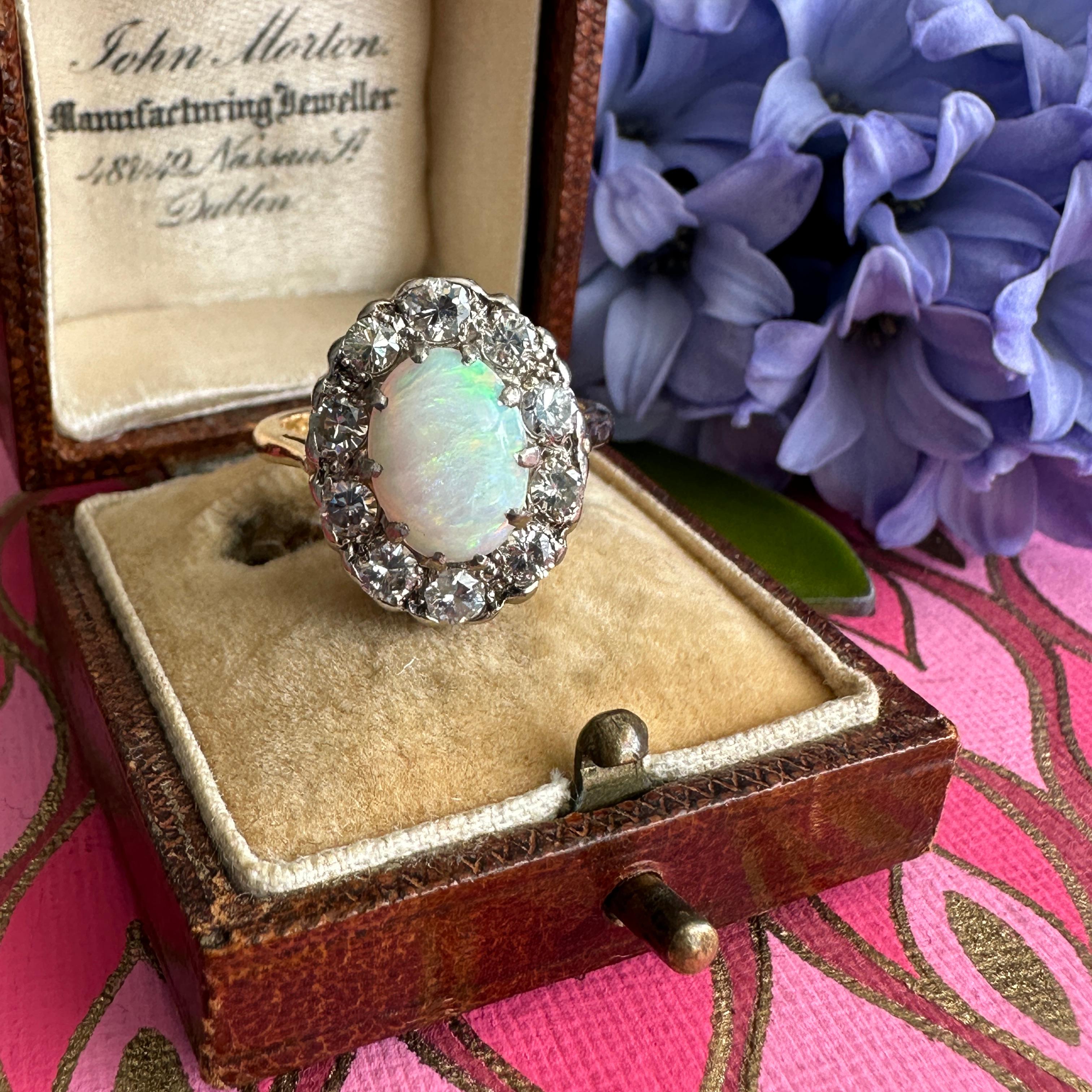 Vintage 1930's Opal Diamond Halo 18K Ring For Sale 1