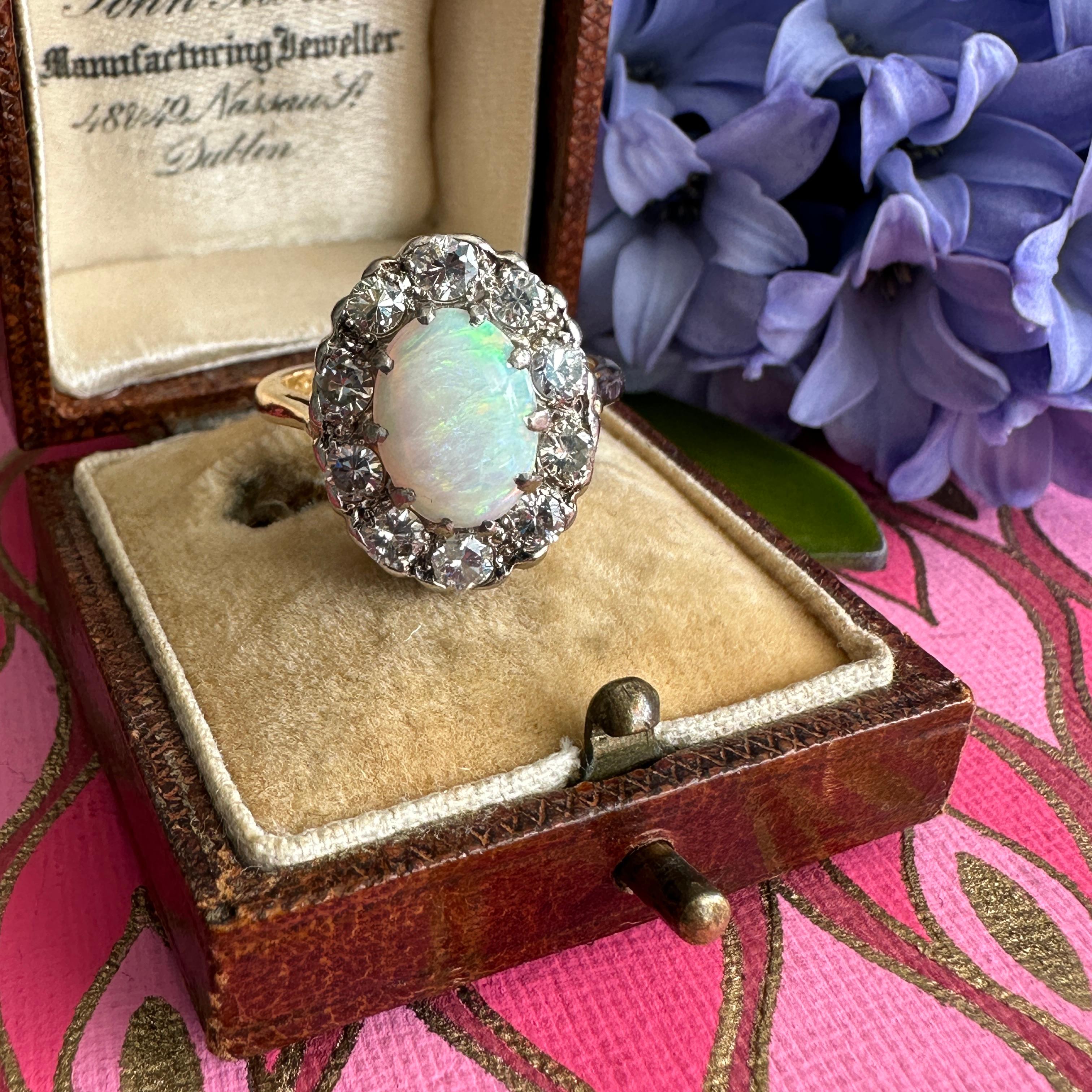 Vintage 1930's Opal Diamond Halo 18K Ring For Sale 2