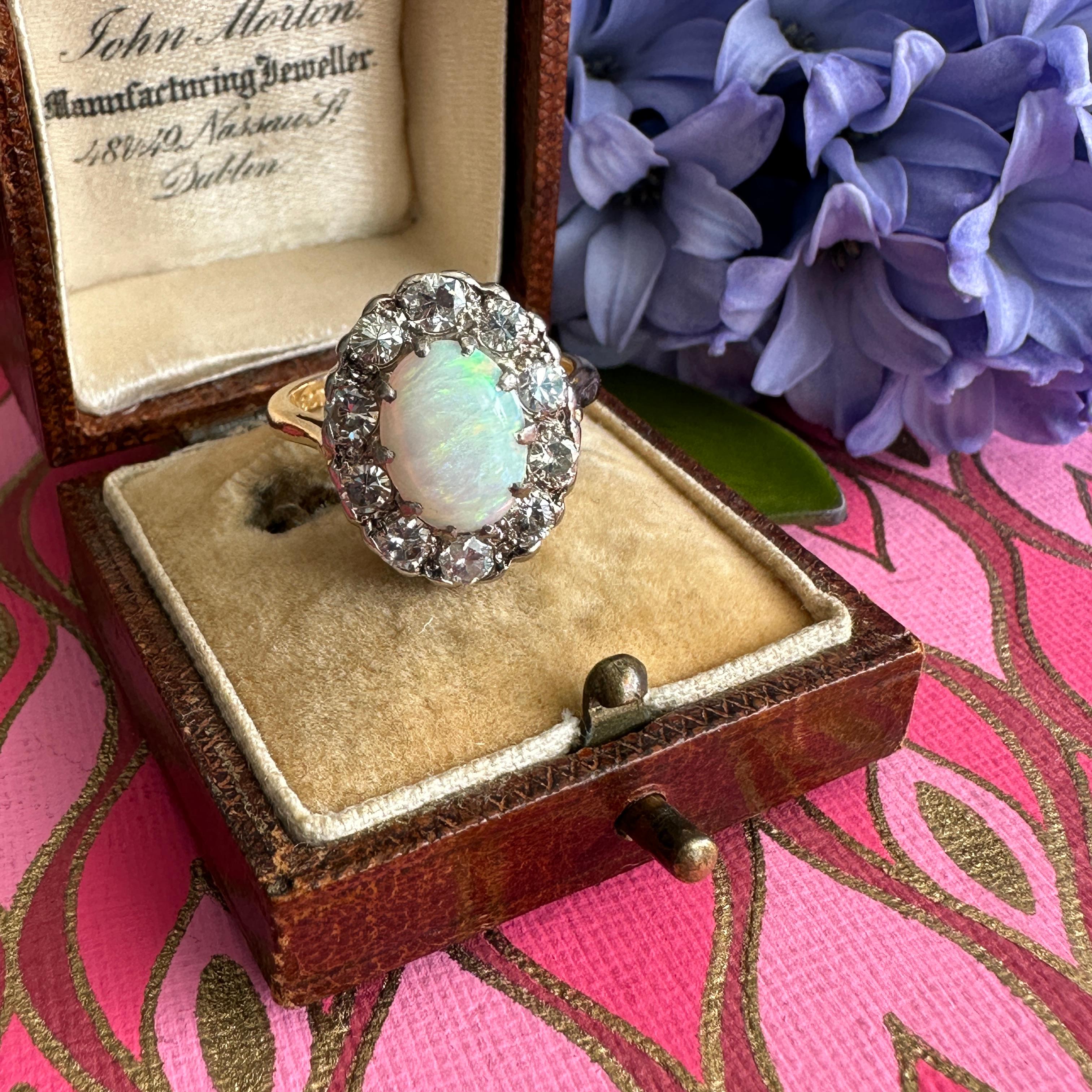 Vintage 1930's Opal Diamond Halo 18K Ring For Sale 3