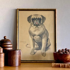 Vintage By 1930 Disegno originale tedesco a carboncino di un cane carlino di J. Steinel