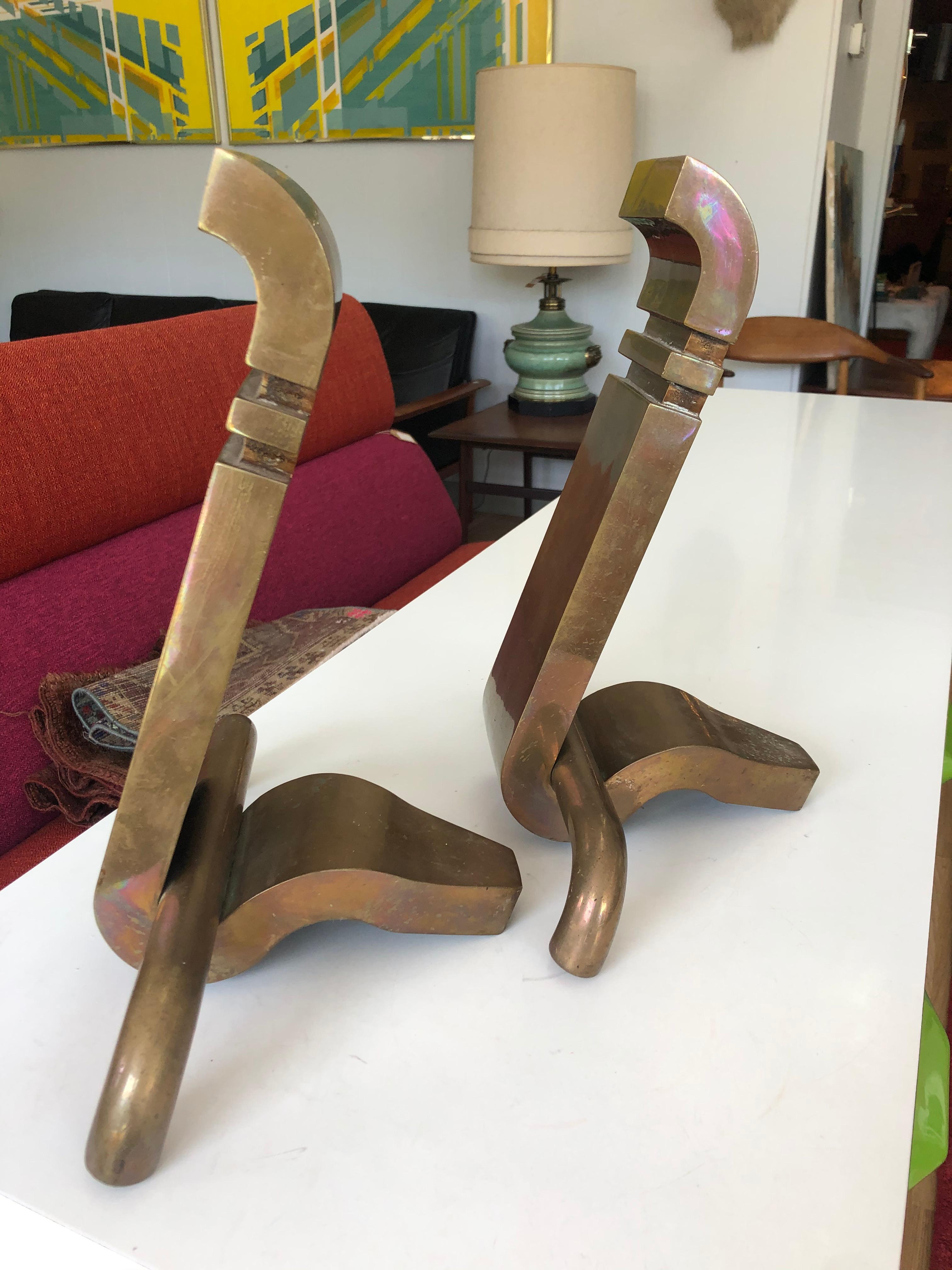 Vintage 1930s Pair of Machine Age Bronze Andirons In Good Condition In San Antonio, TX