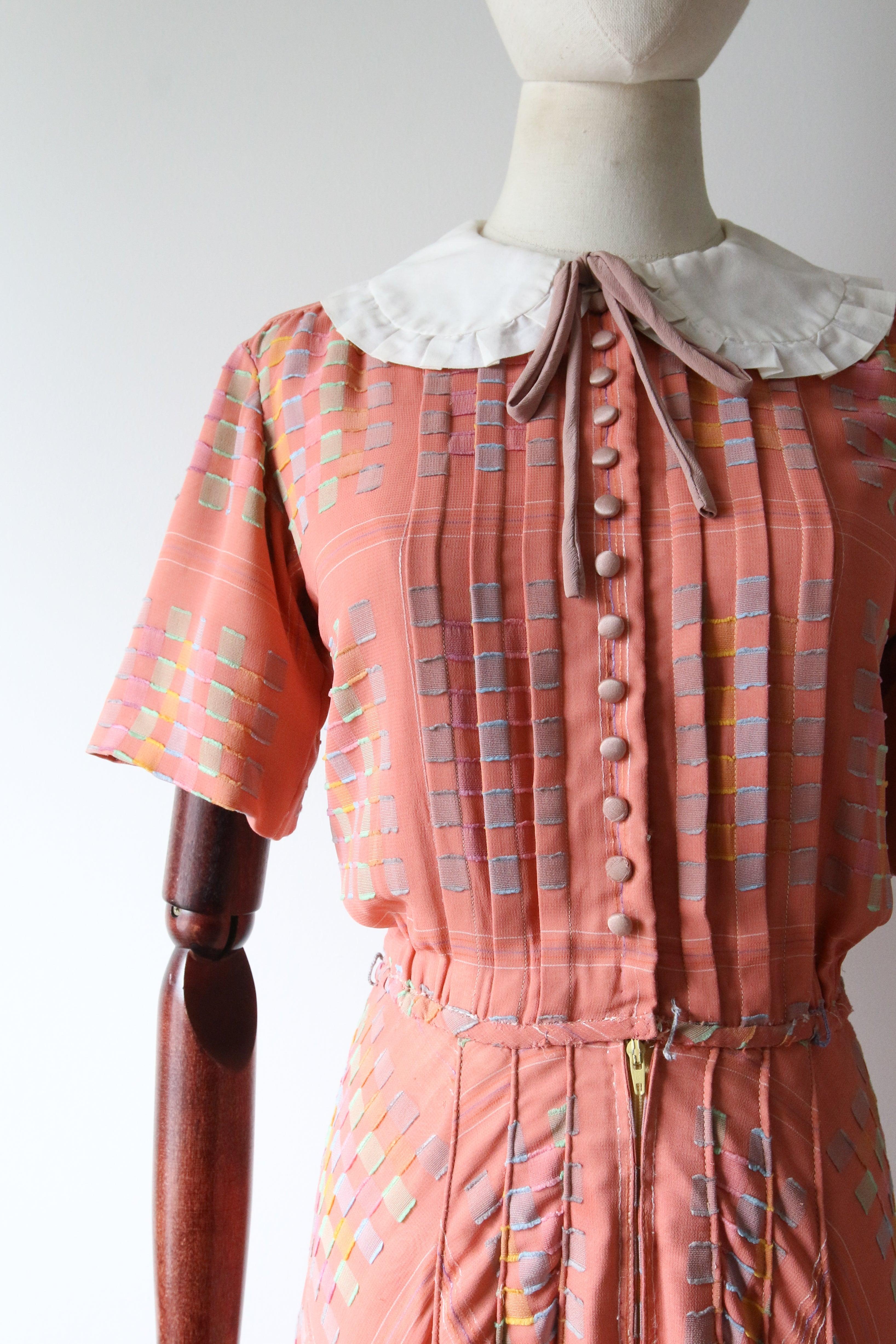 Beige Vintage 1930's pastel pink plaid silk chiffon and cotton collar dress UK 6-8 For Sale