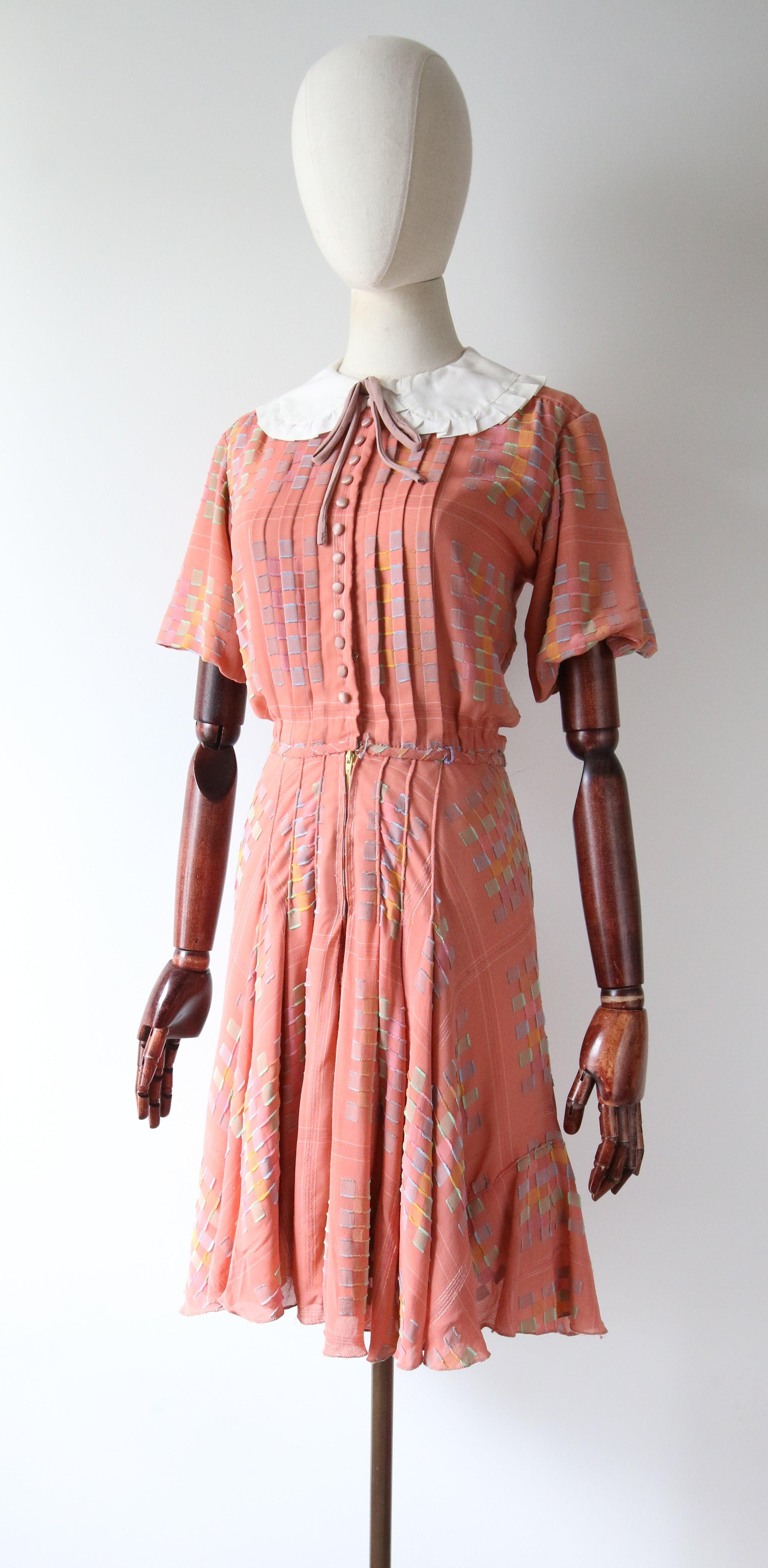 Vintage 1930's pastel pink plaid silk chiffon and cotton collar dress UK 6-8 For Sale 1