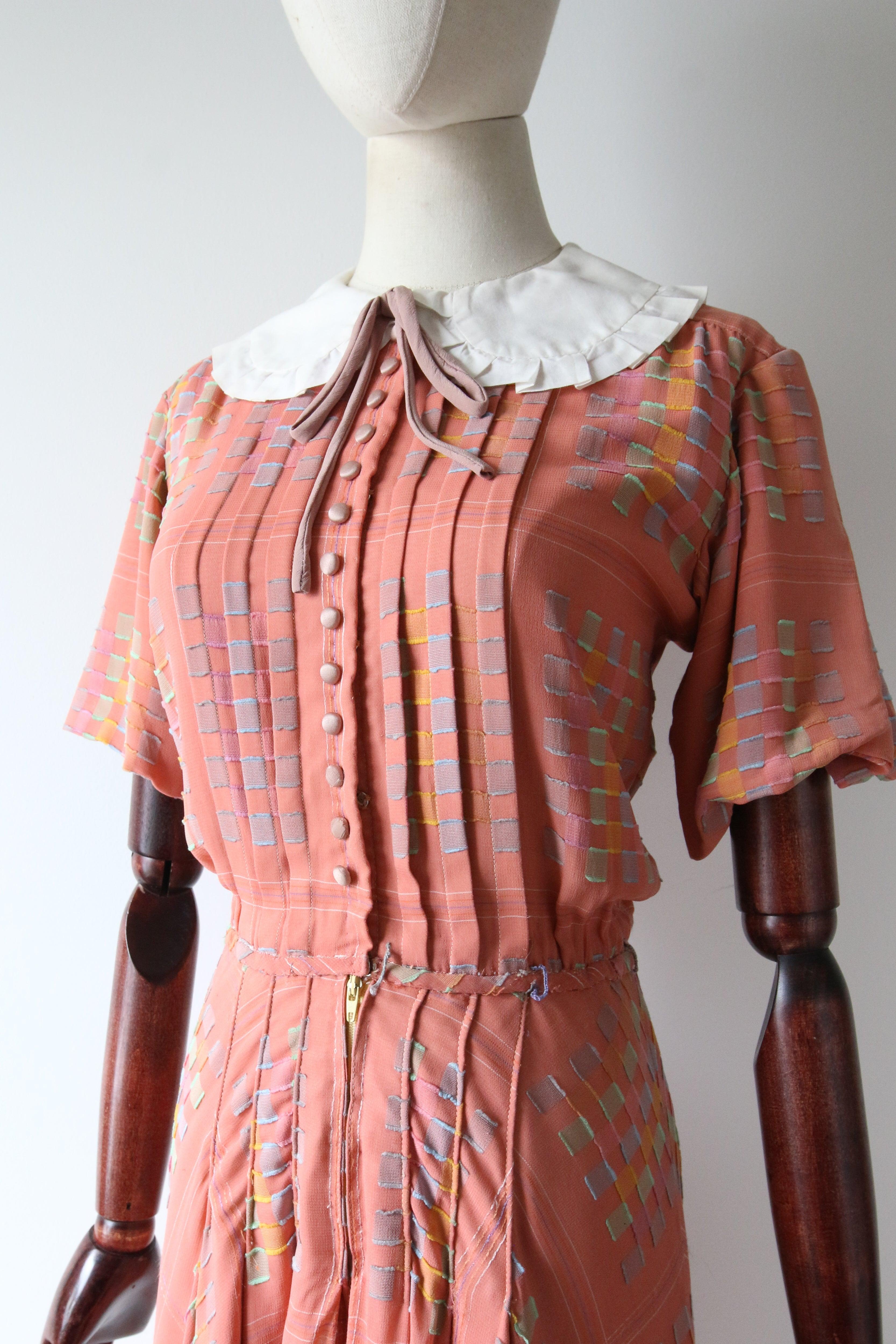 Vintage 1930's pastel pink plaid silk chiffon and cotton collar dress UK 6-8 For Sale 2