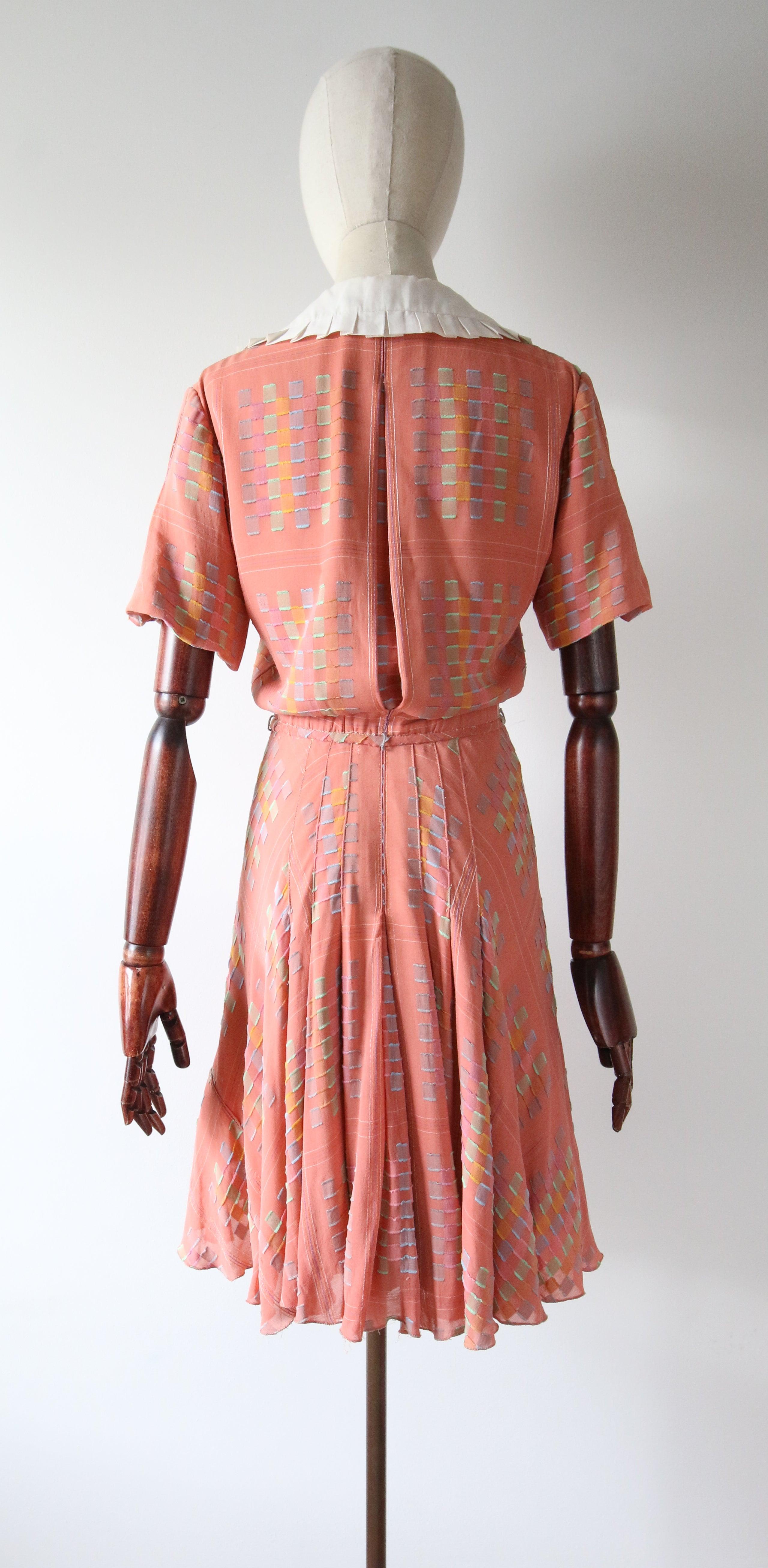 Vintage 1930's pastel pink plaid silk chiffon and cotton collar dress UK 6-8 For Sale 3