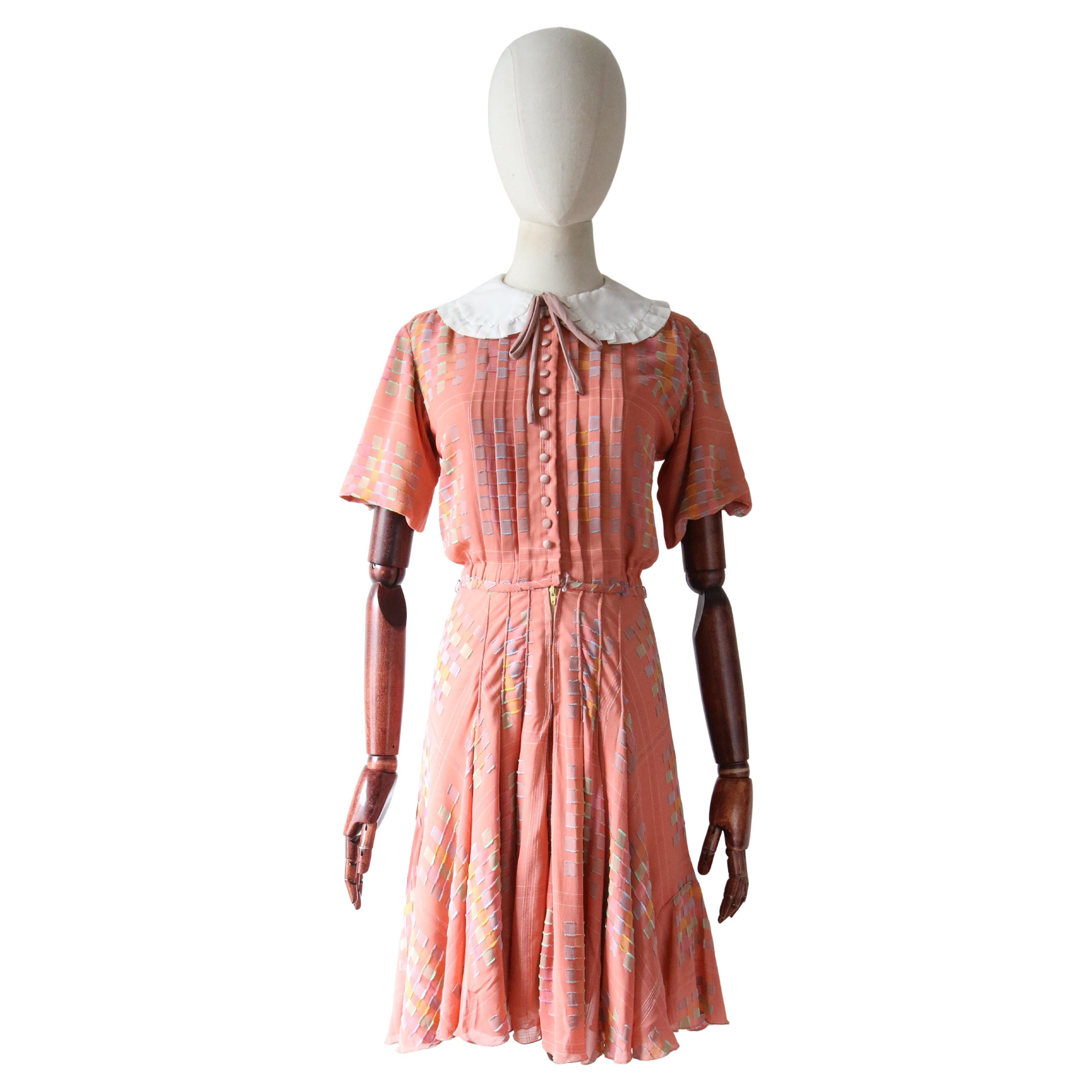 Vintage 1930's pastel pink plaid silk chiffon and cotton collar dress UK 6-8 For Sale