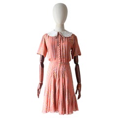 Vintage 1930's pastel pink plaid silk chiffon and cotton collar dress UK 6-8