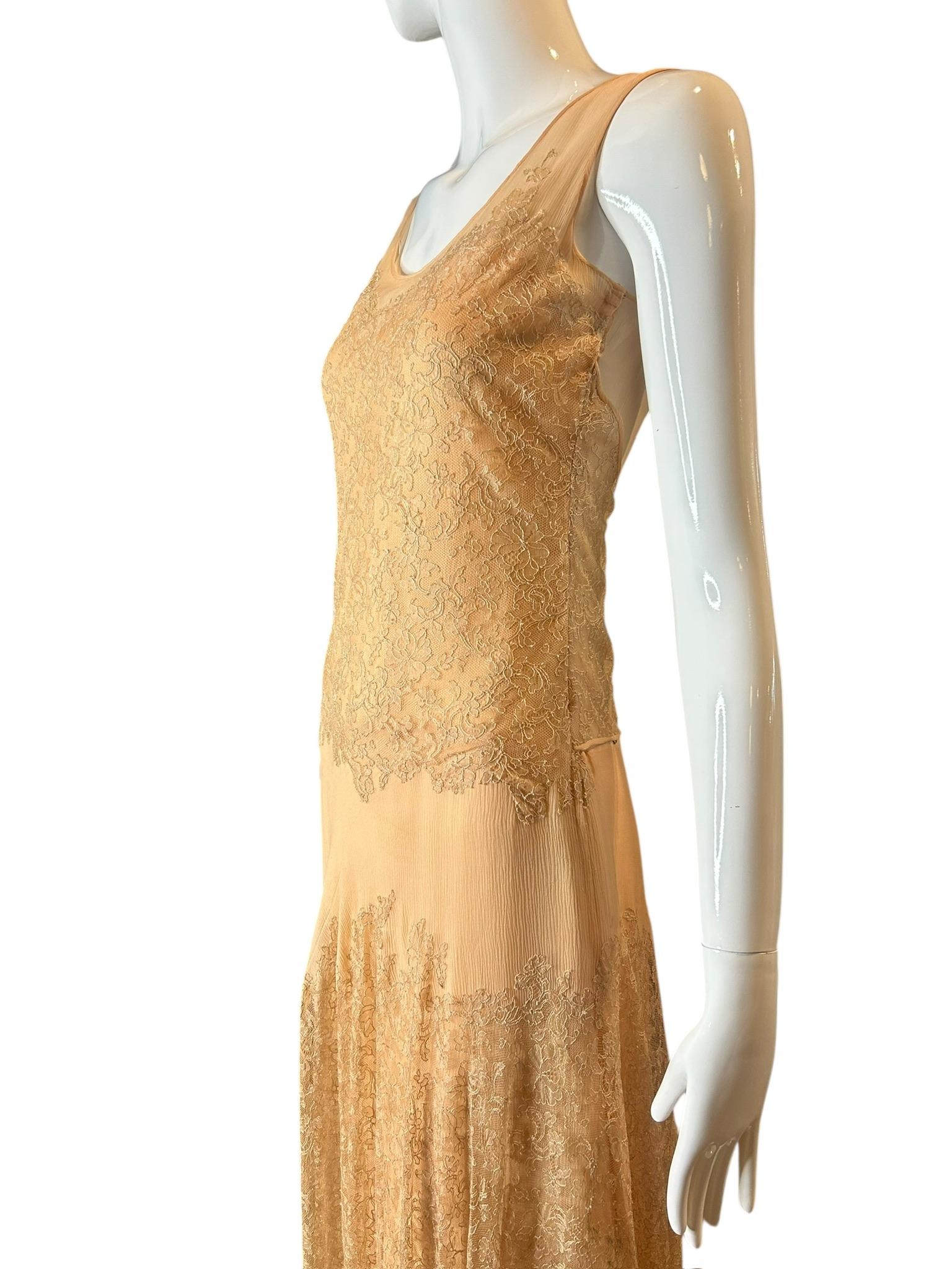 Vintage 1930s Pfirsich Spitze und Seide Chiffon Drop-Waist Abendkleid im Angebot 5