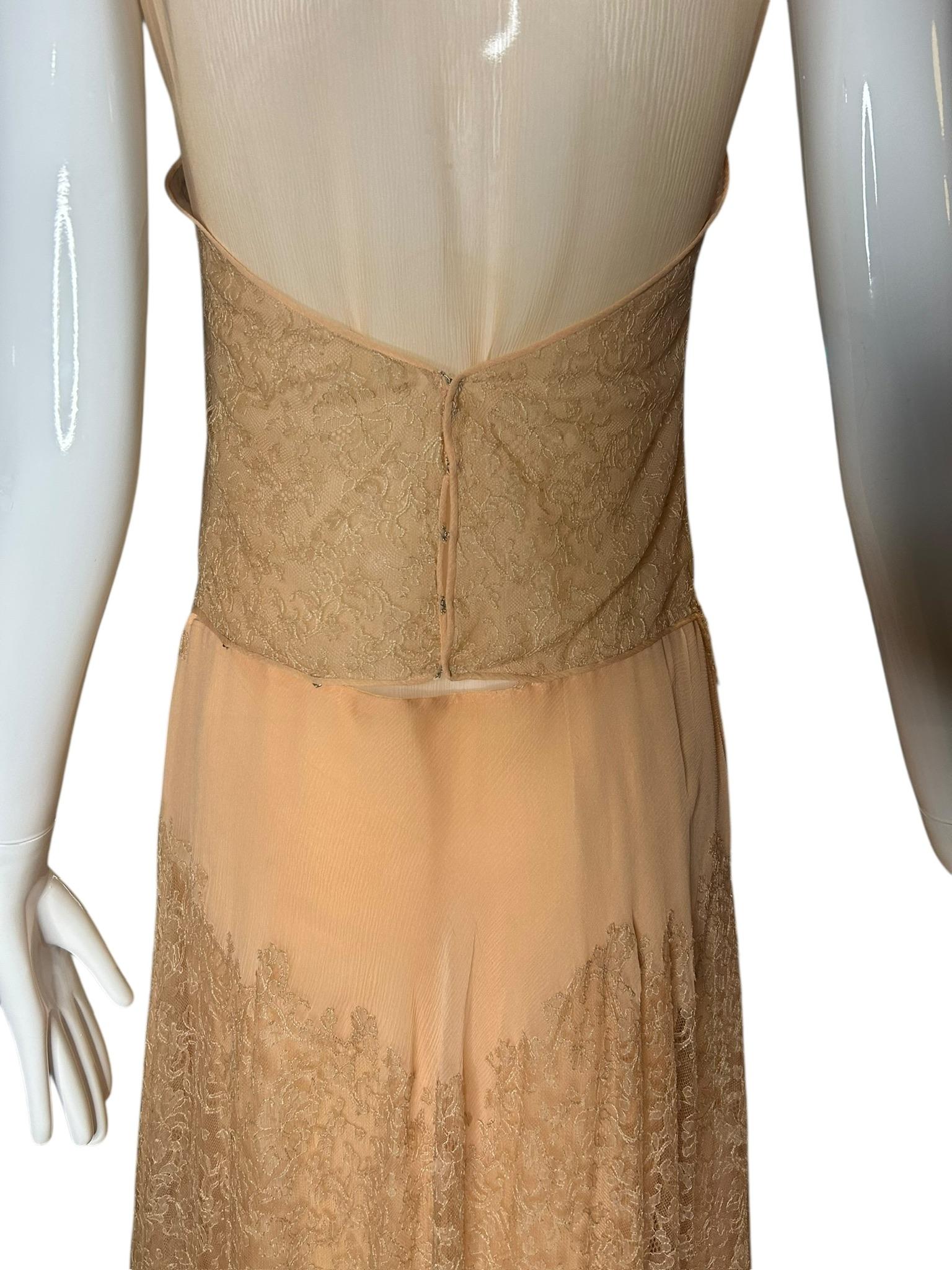 Vintage 1930s Pfirsich Spitze und Seide Chiffon Drop-Waist Abendkleid im Angebot 6