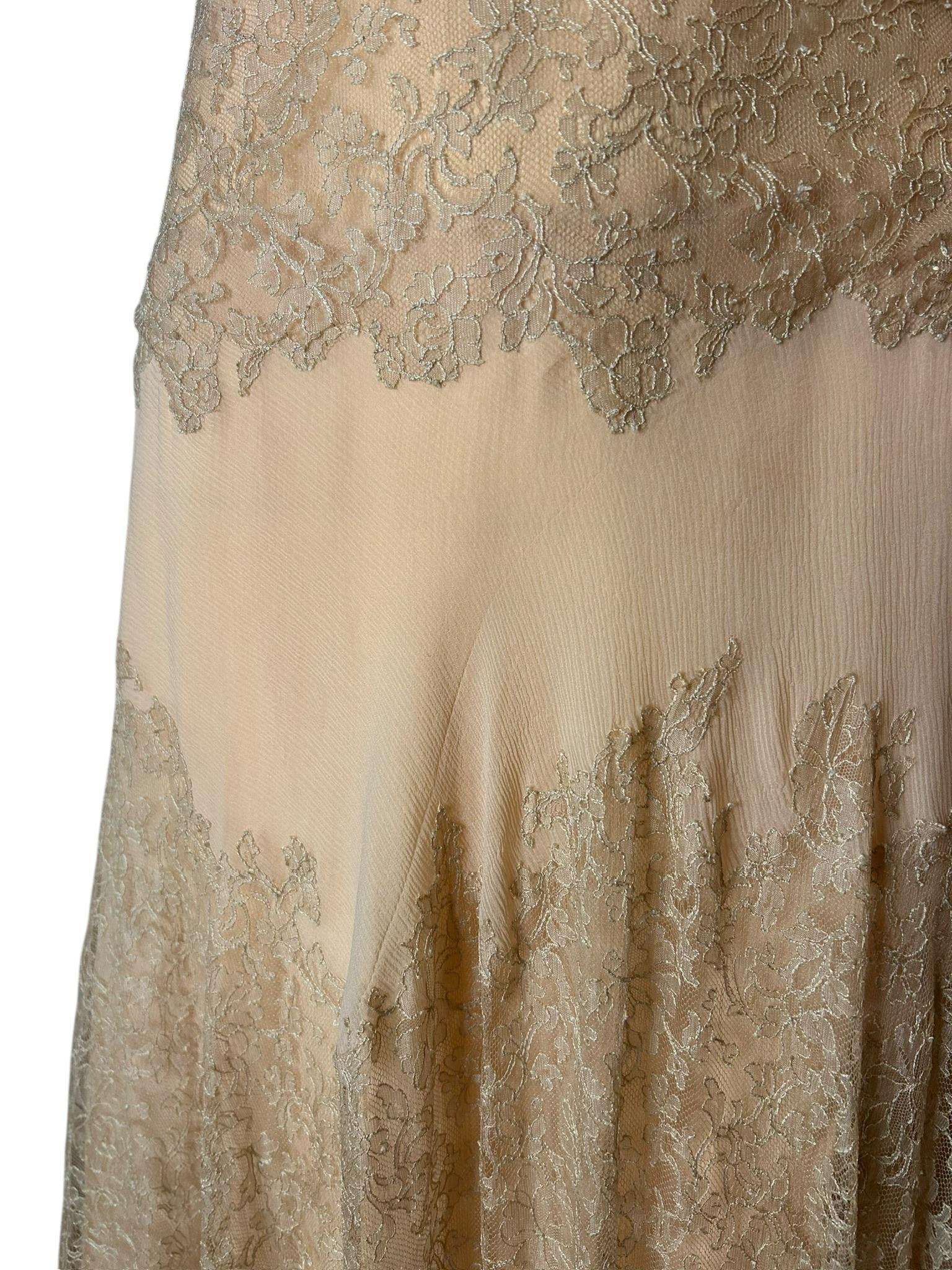 Vintage 1930s Pfirsich Spitze und Seide Chiffon Drop-Waist Abendkleid im Angebot 10