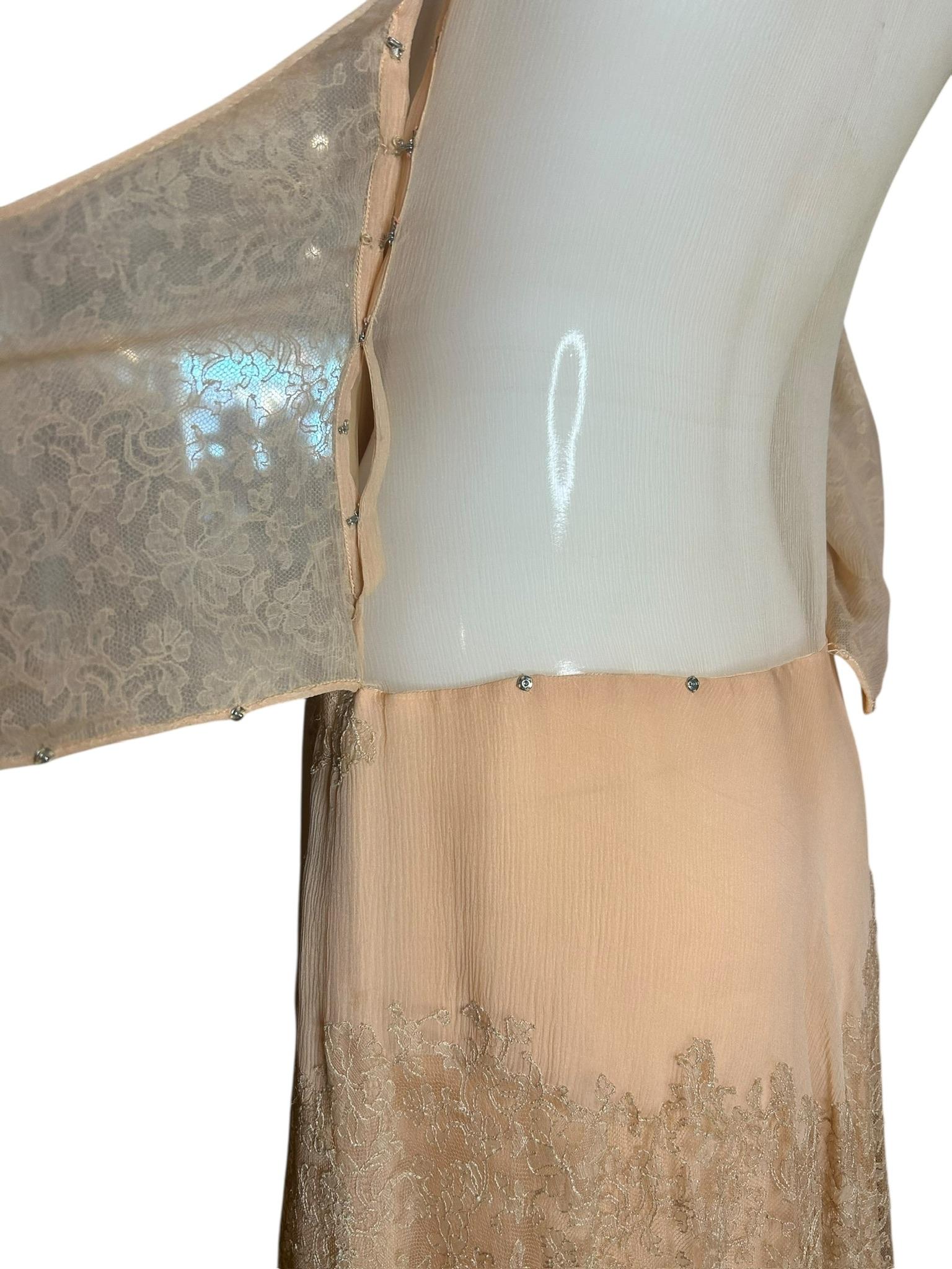 Vintage 1930s Pfirsich Spitze und Seide Chiffon Drop-Waist Abendkleid im Angebot 12