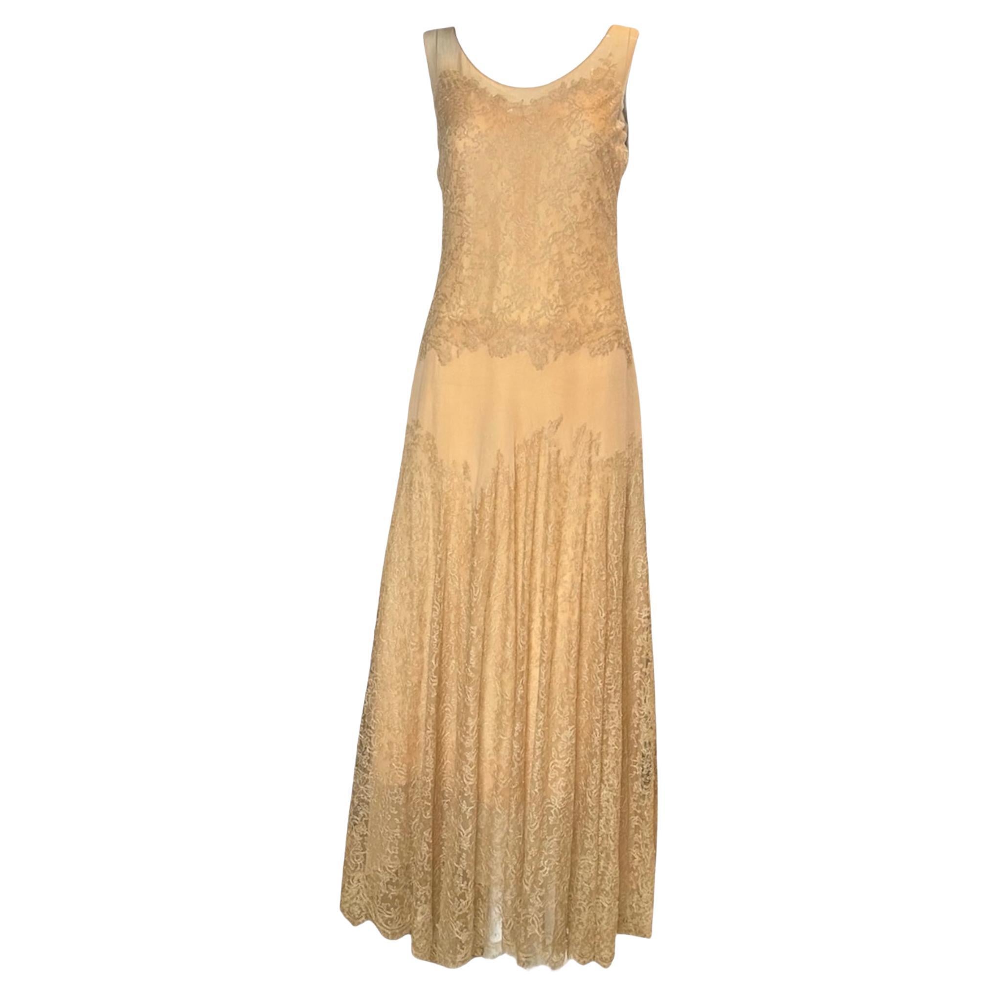 Vintage 1930s Peach Lace and Silk Chiffon Drop-Waist Evening Gown
