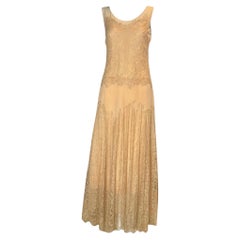 Vintage 1930s Peach Lace and Silk Chiffon Drop-Waist Evening Gown