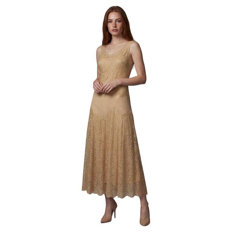 1930s Antique Lace and Silk Chiffon Drop-Waist Evening Gown