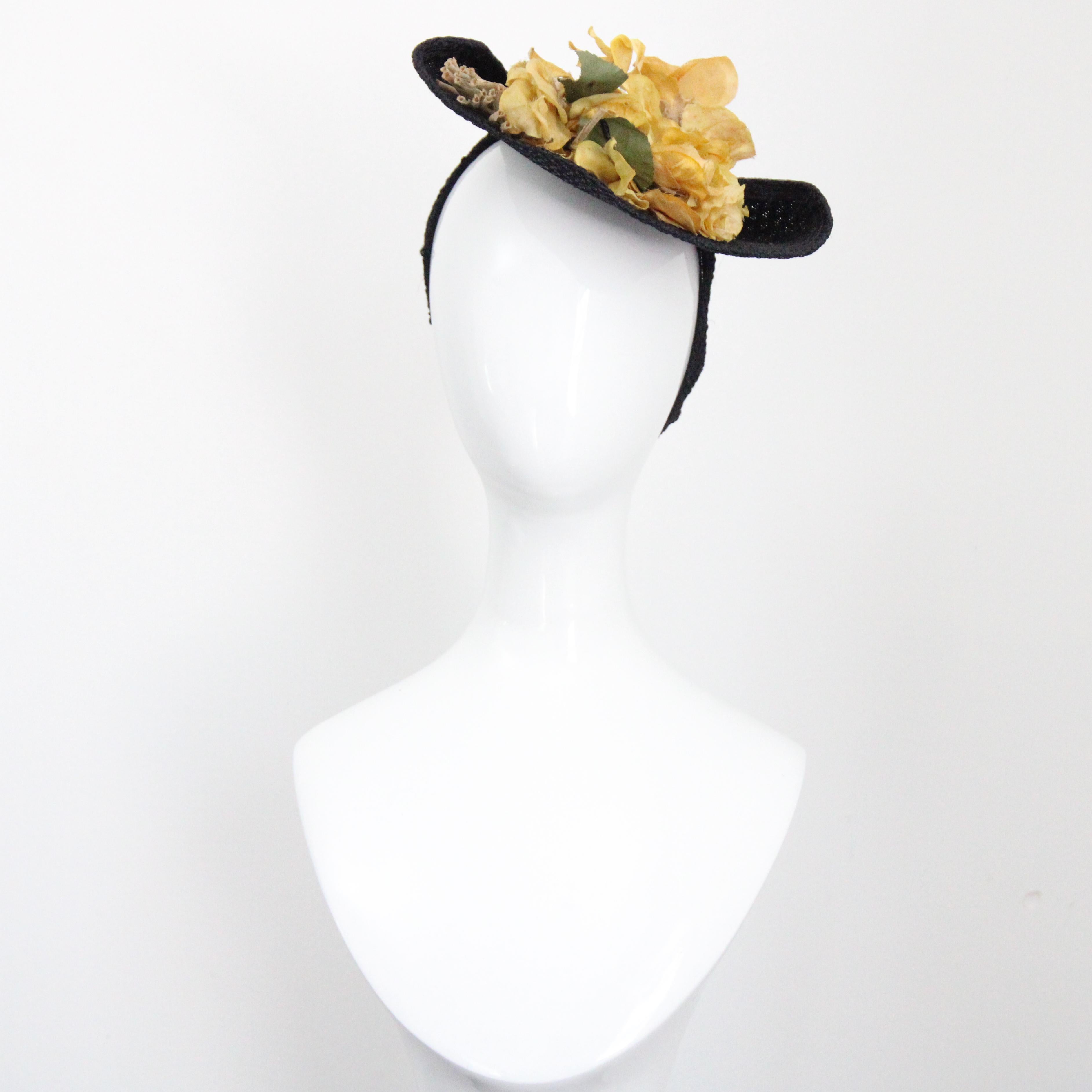 Beige Vintage 1930's Percher Hat black Straw Yellow Floral 1930's Tilt Hat Millinery For Sale