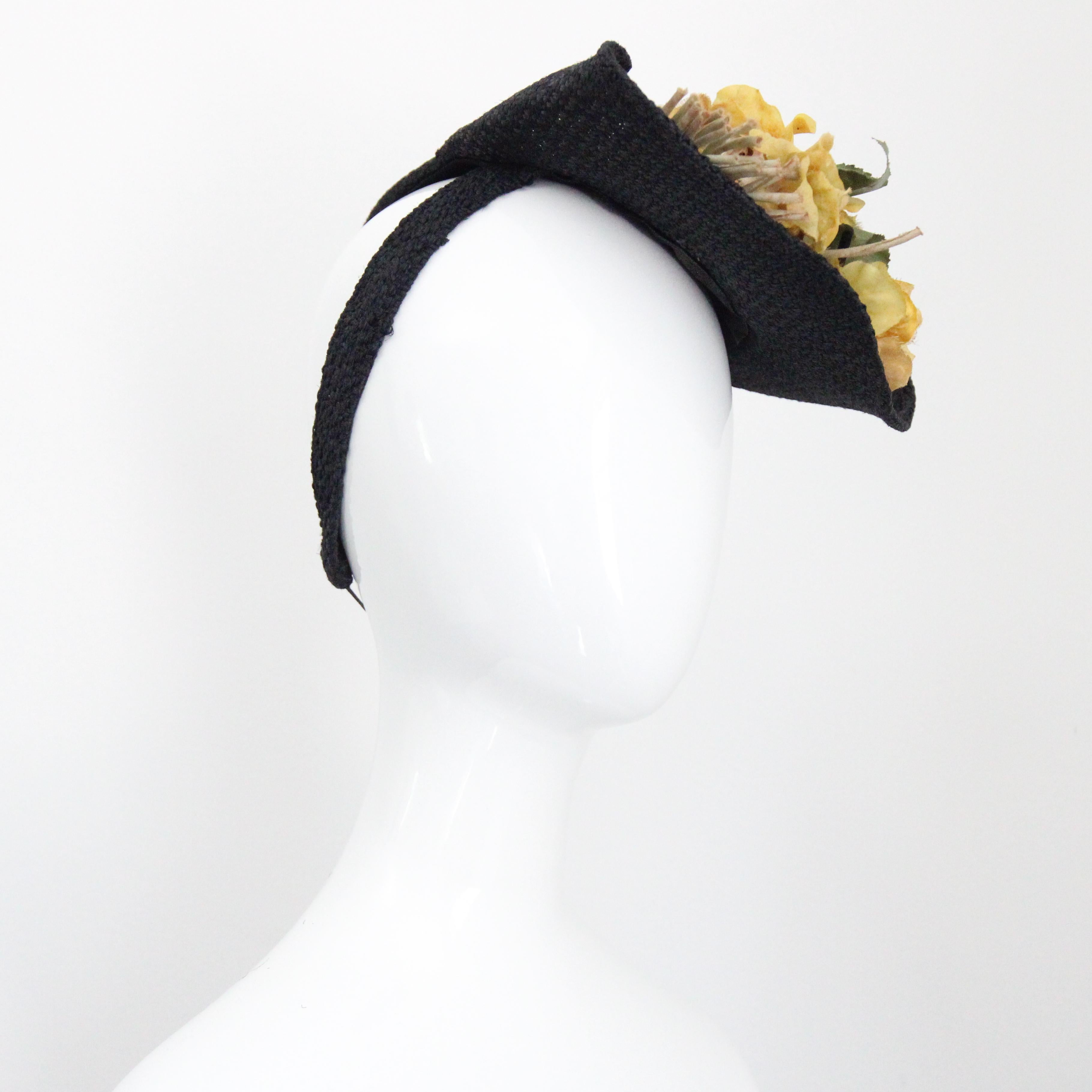 Women's or Men's Vintage 1930's Percher Hat black Straw Yellow Floral 1930's Tilt Hat Millinery For Sale