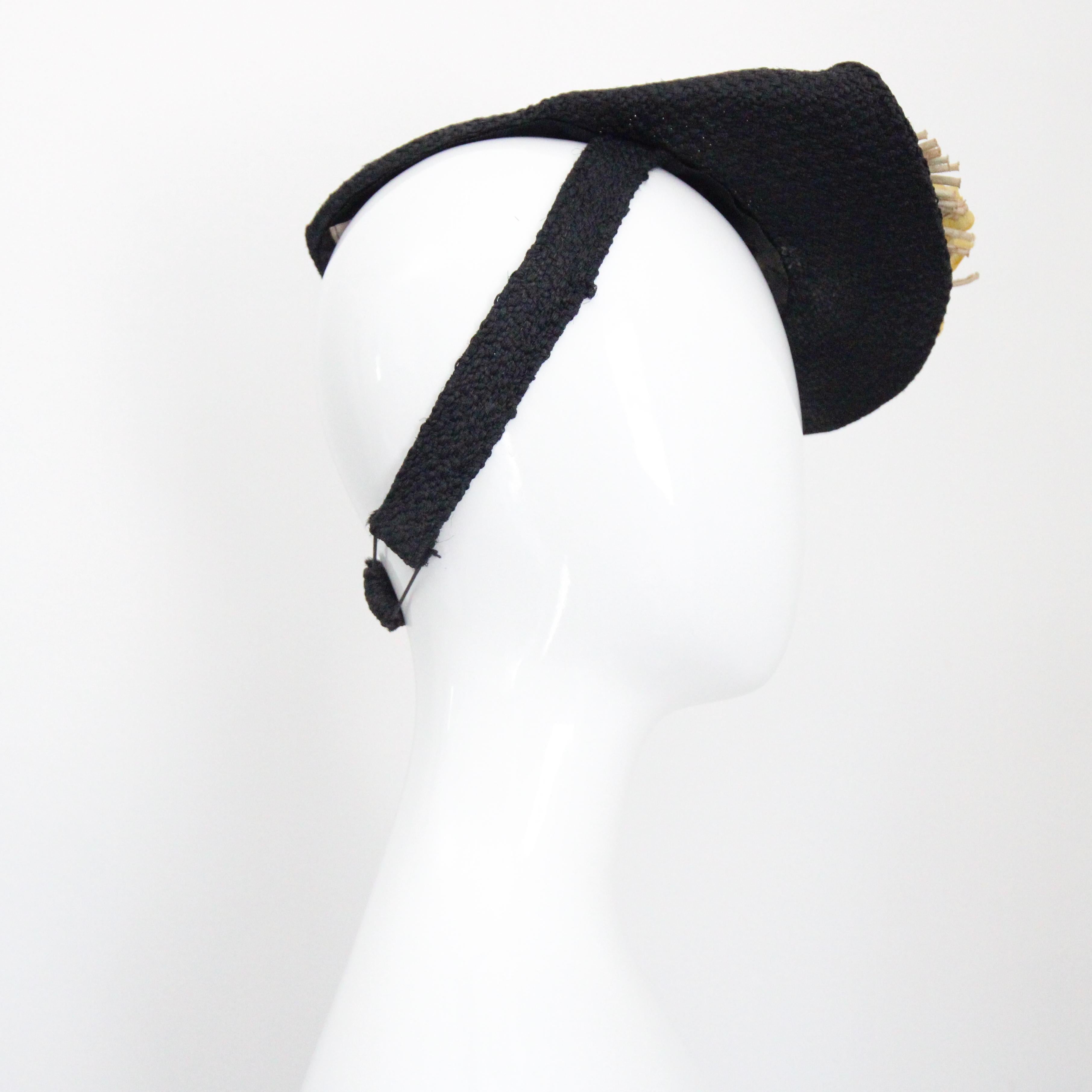 Vintage 1930's Percher Hat black Straw Yellow Floral 1930's Tilt Hat Millinery For Sale 1