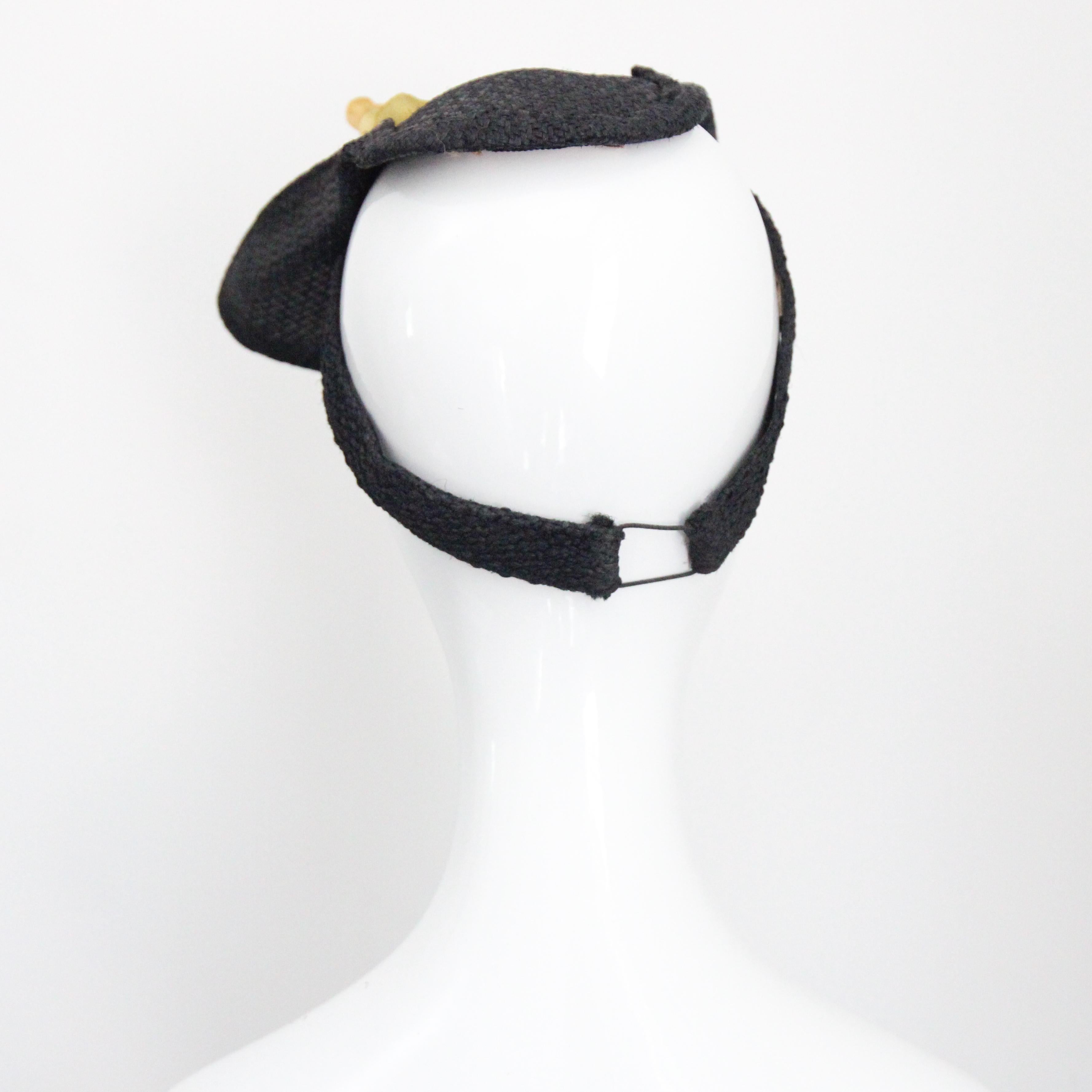 Vintage 1930's Percher Hat black Straw Yellow Floral 1930's Tilt Hat Millinery For Sale 2