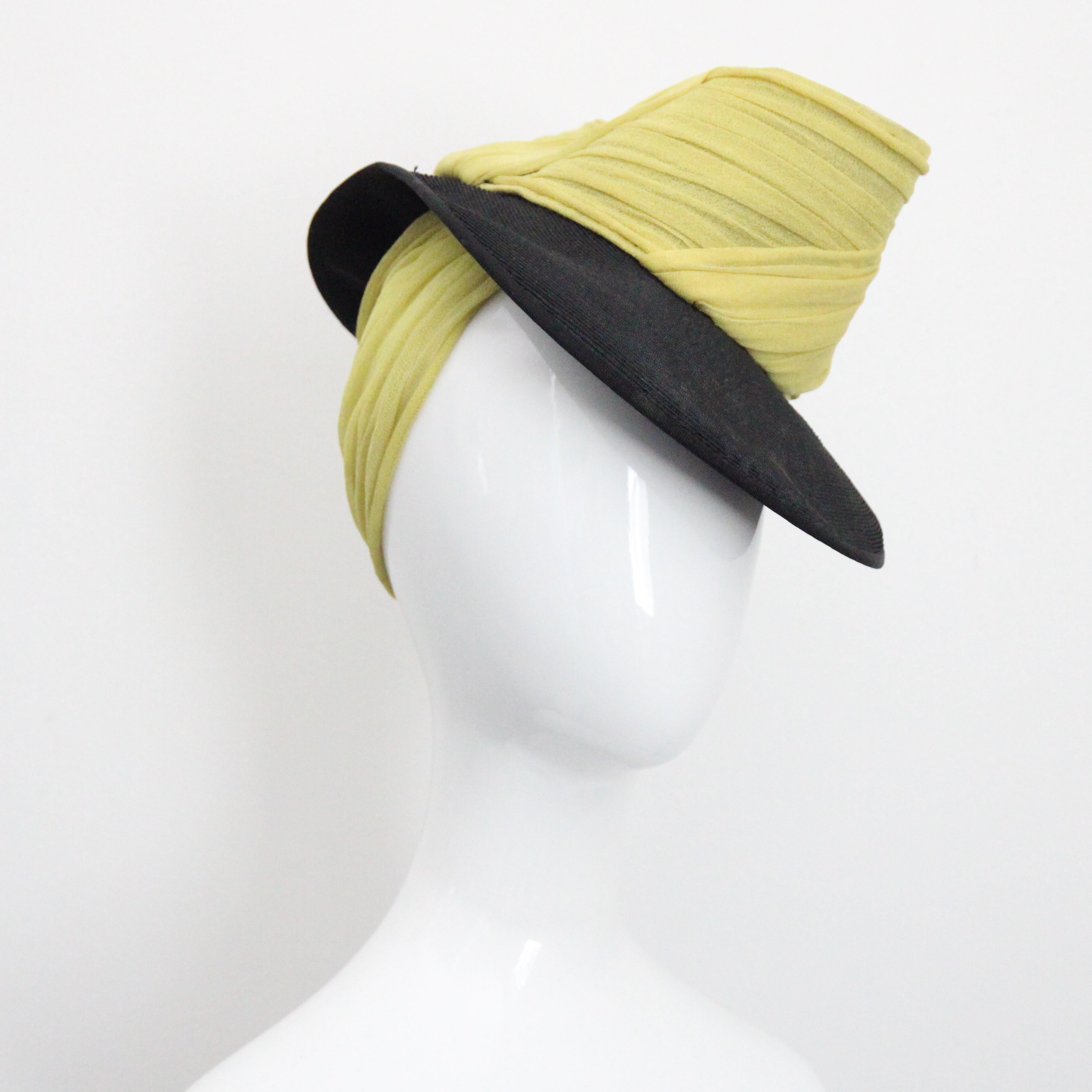 Beige Vintage 1930's Percher Hat Chartreuse Green Black Straw Trilby Hat For Sale