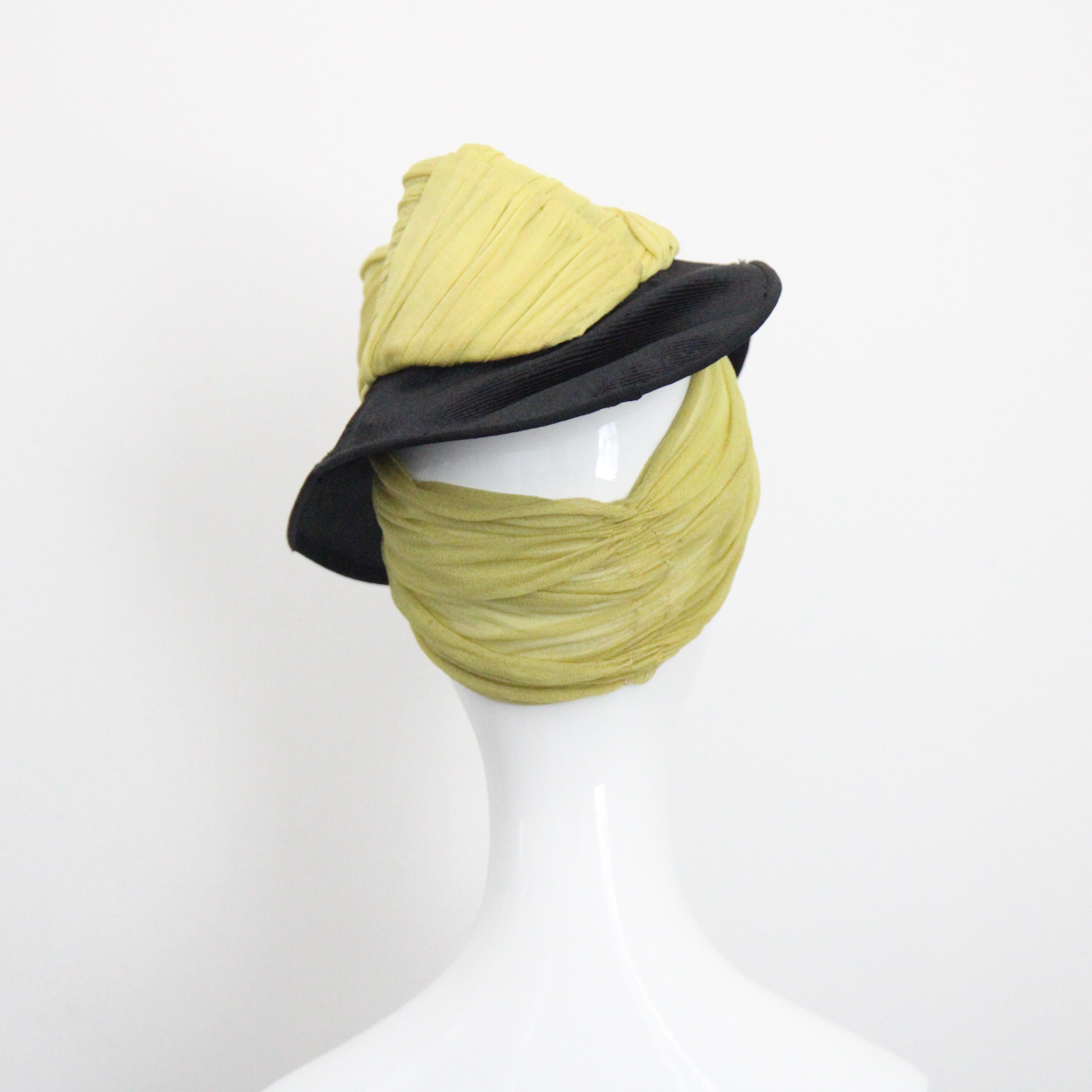 Women's or Men's Vintage 1930's Percher Hat Chartreuse Green Black Straw Trilby Hat For Sale