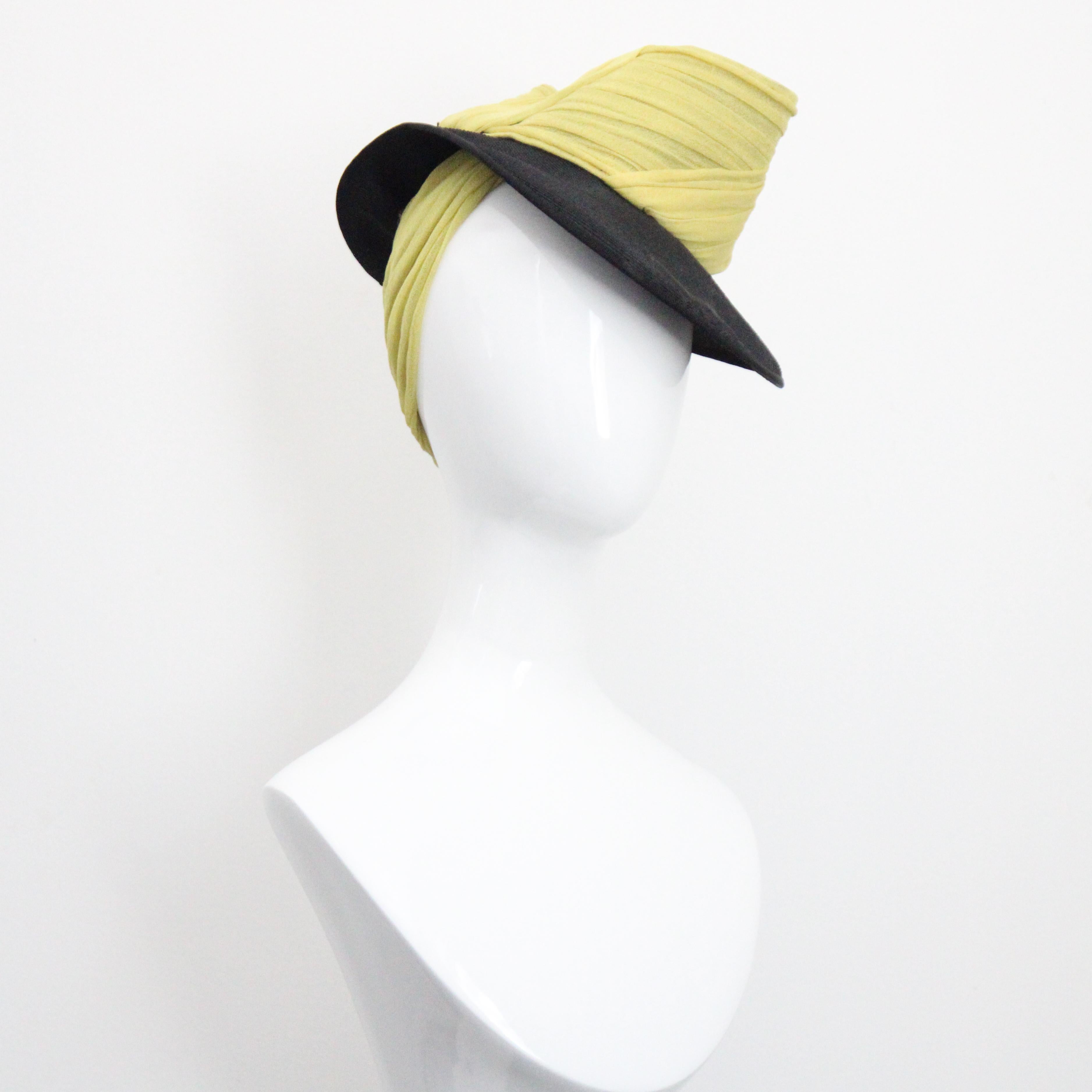 Vintage 1930's Percher Hat Chartreuse Green Black Straw Trilby Hat For Sale 1