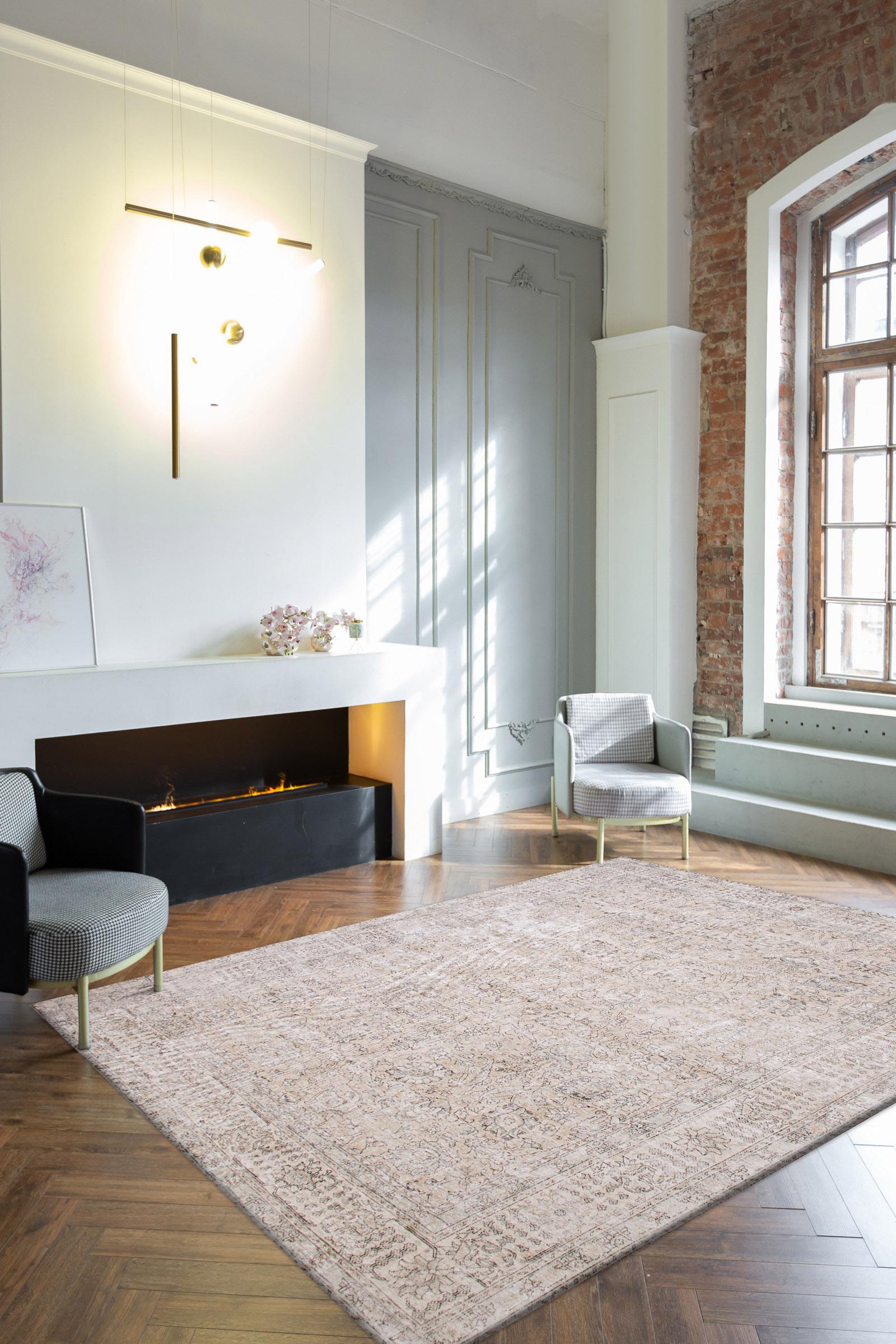 Questo tappeto persiano a pelo basso, dalle tonalità morbide e tenui di lana neutra color taupe e marrone, misura 9'9