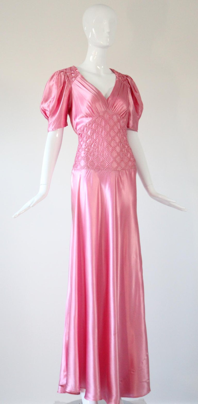 Vintage 1930's Pink Evening Gown Rayon Satin Evening Gown Pleated US 6 UK 10