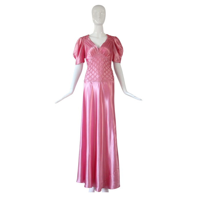 Vintage 1930's Pink Evening Gown Rayon Satin evening gown pleated US 6 UK  10 For Sale at 1stDibs