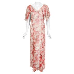 Vintage 1930's Pink Leaf Print Sheer Silk Handkerchief-Sleeve Draped Back Gown