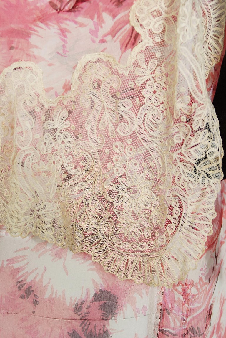 Vintage 1930's Pink Leaf Print Sheer Silk Handkerchief-Sleeve Draped Back Gown 5