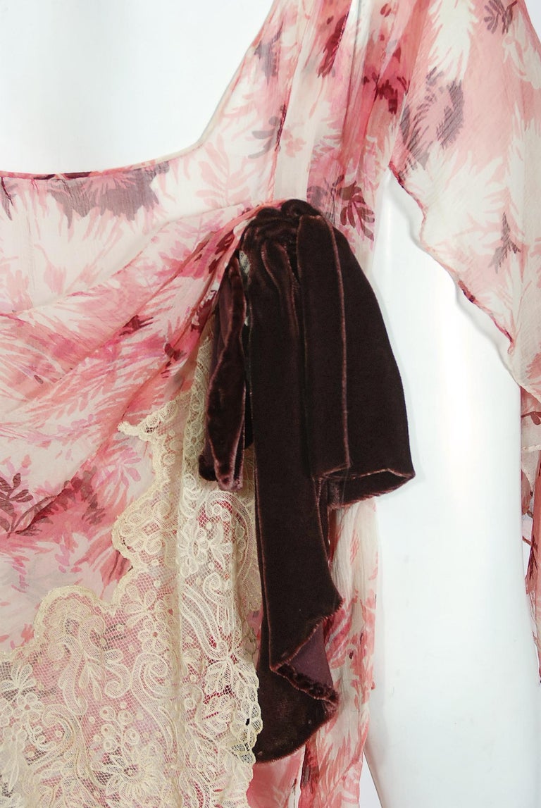 Vintage 1930's Pink Leaf Print Sheer Silk Handkerchief-Sleeve Draped Back Gown 7