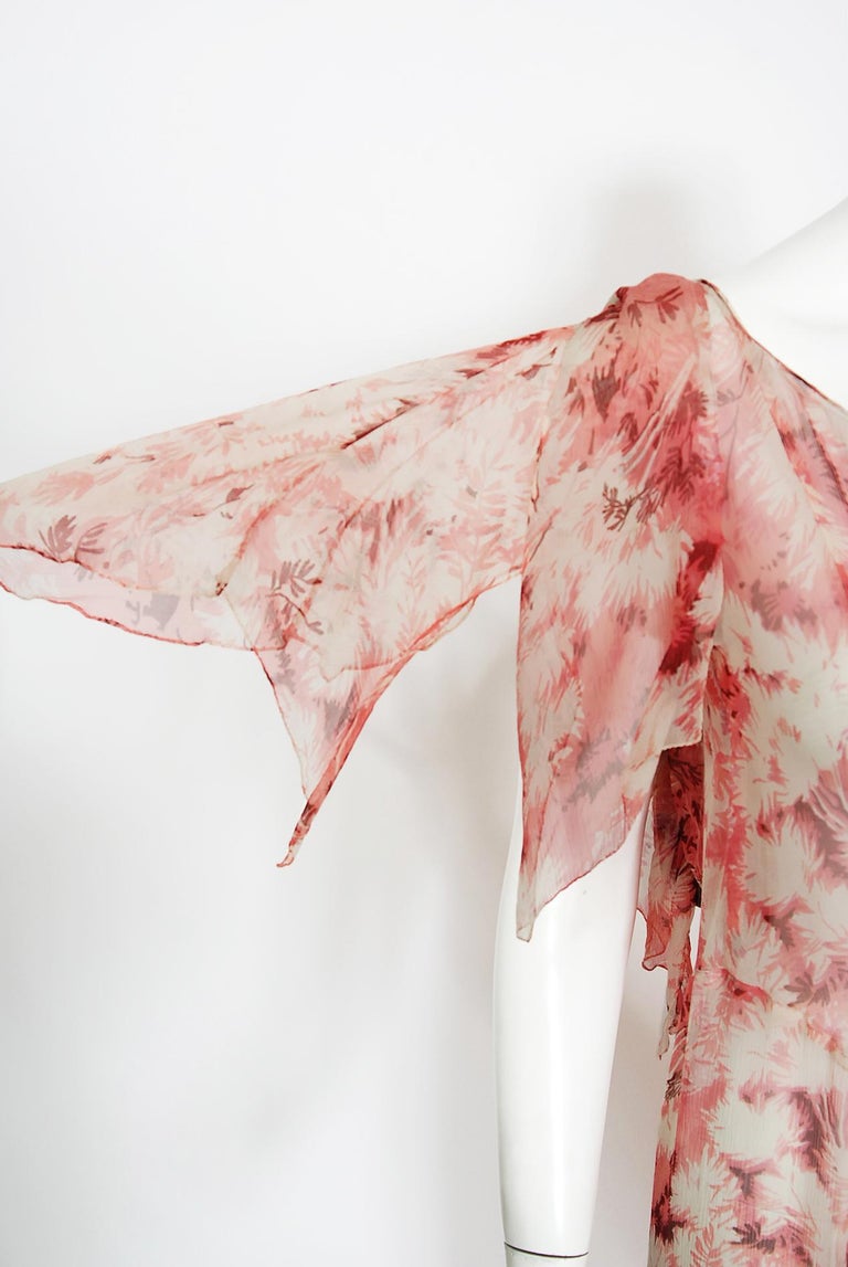 Beige Vintage 1930's Pink Leaf Print Sheer Silk Handkerchief-Sleeve Draped Back Gown