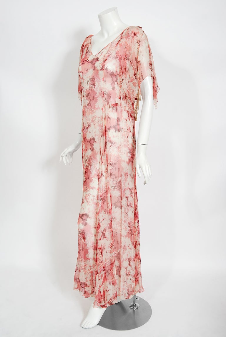 Vintage 1930's Pink Leaf Print Sheer Silk Handkerchief-Sleeve Draped Back Gown In Good Condition In Beverly Hills, CA
