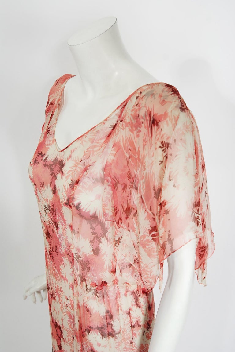 Women's Vintage 1930's Pink Leaf Print Sheer Silk Handkerchief-Sleeve Draped Back Gown