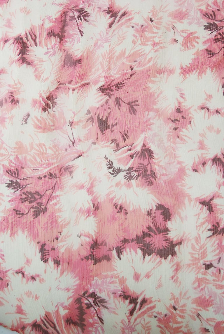 Vintage 1930's Pink Leaf Print Sheer Silk Handkerchief-Sleeve Draped Back Gown 1