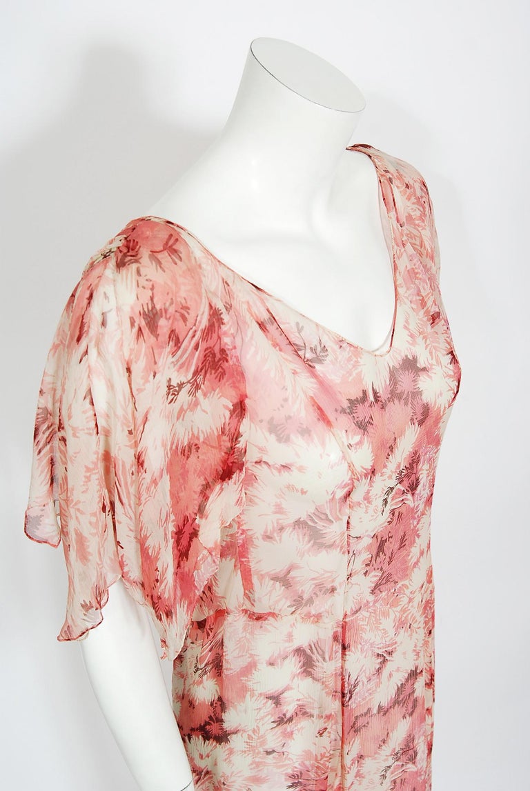 Vintage 1930's Pink Leaf Print Sheer Silk Handkerchief-Sleeve Draped Back Gown 2