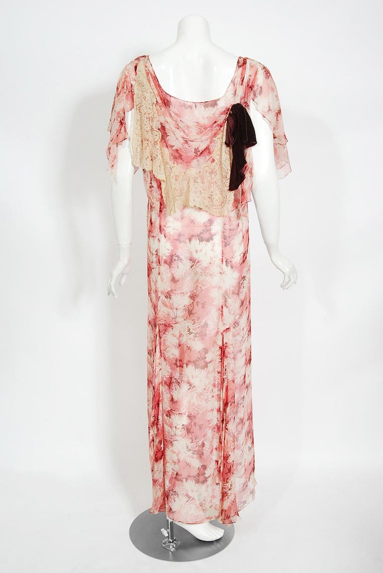 Vintage 1930's Pink Leaf Print Sheer Silk Handkerchief-Sleeve Draped Back Gown 3