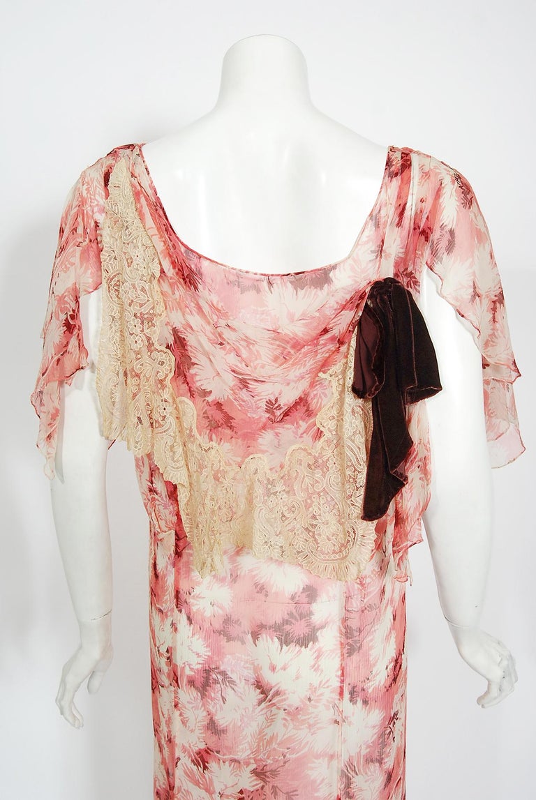 Vintage 1930's Pink Leaf Print Sheer Silk Handkerchief-Sleeve Draped Back Gown 4