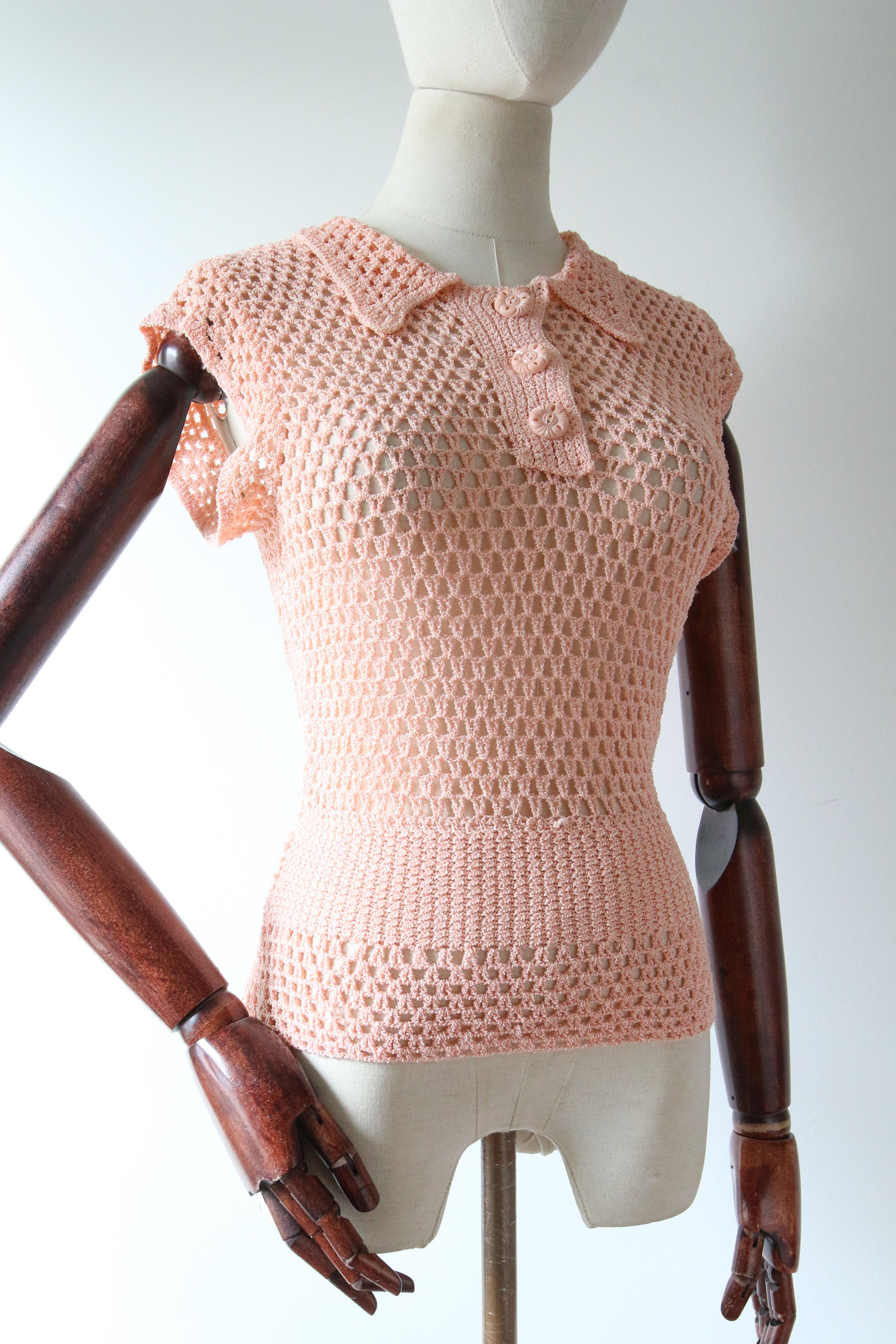 da uomo o donna Vintage 1930 rosa rayon uncinetto camicetta aderente 1930 uncinetto top UK 10 US 6 in vendita