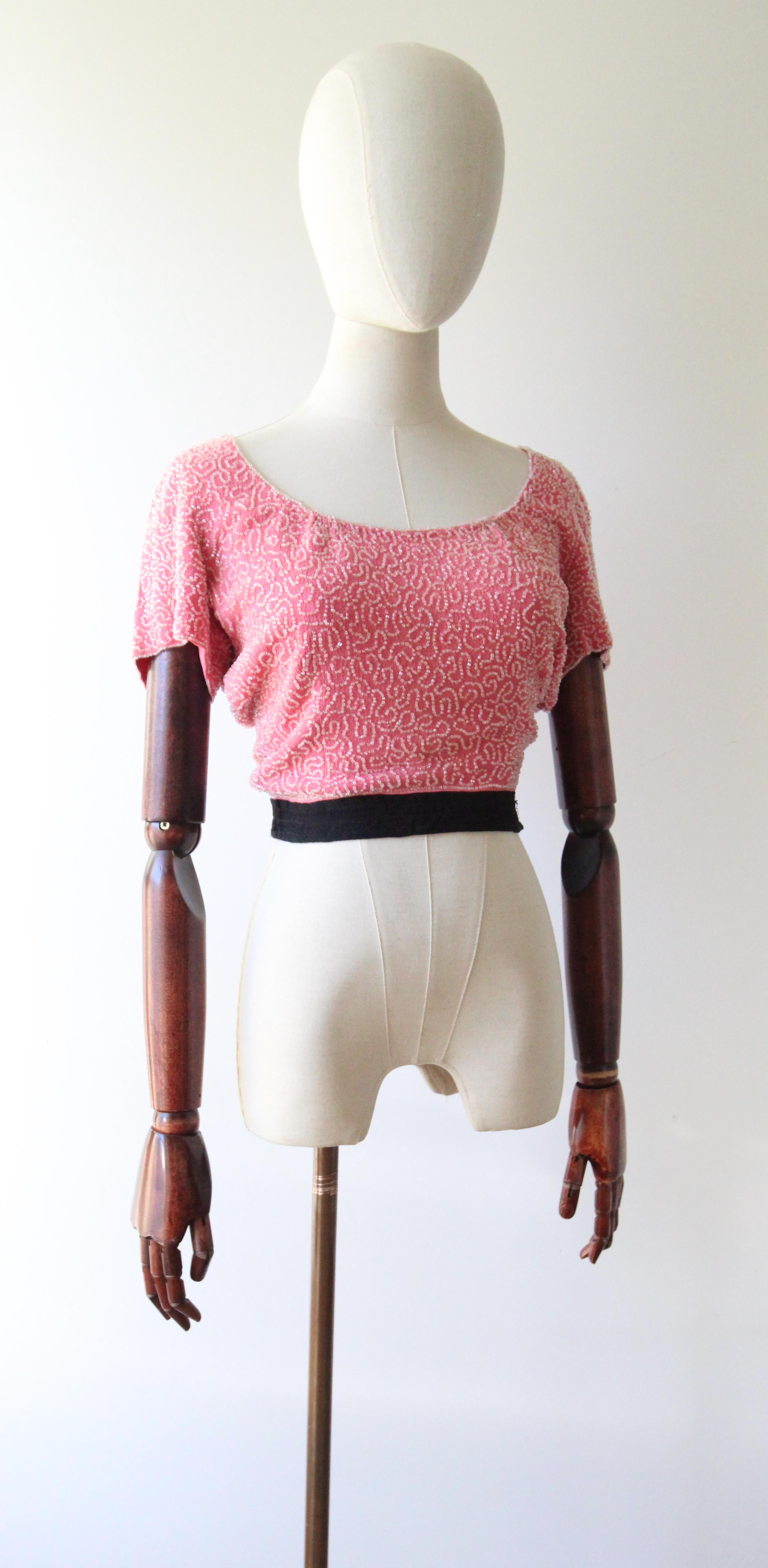 da uomo o donna Vintage 1930 Pink Silk Beaded Blouse 1930's Pink Crepe Silk Beaded Top UK 6 in vendita